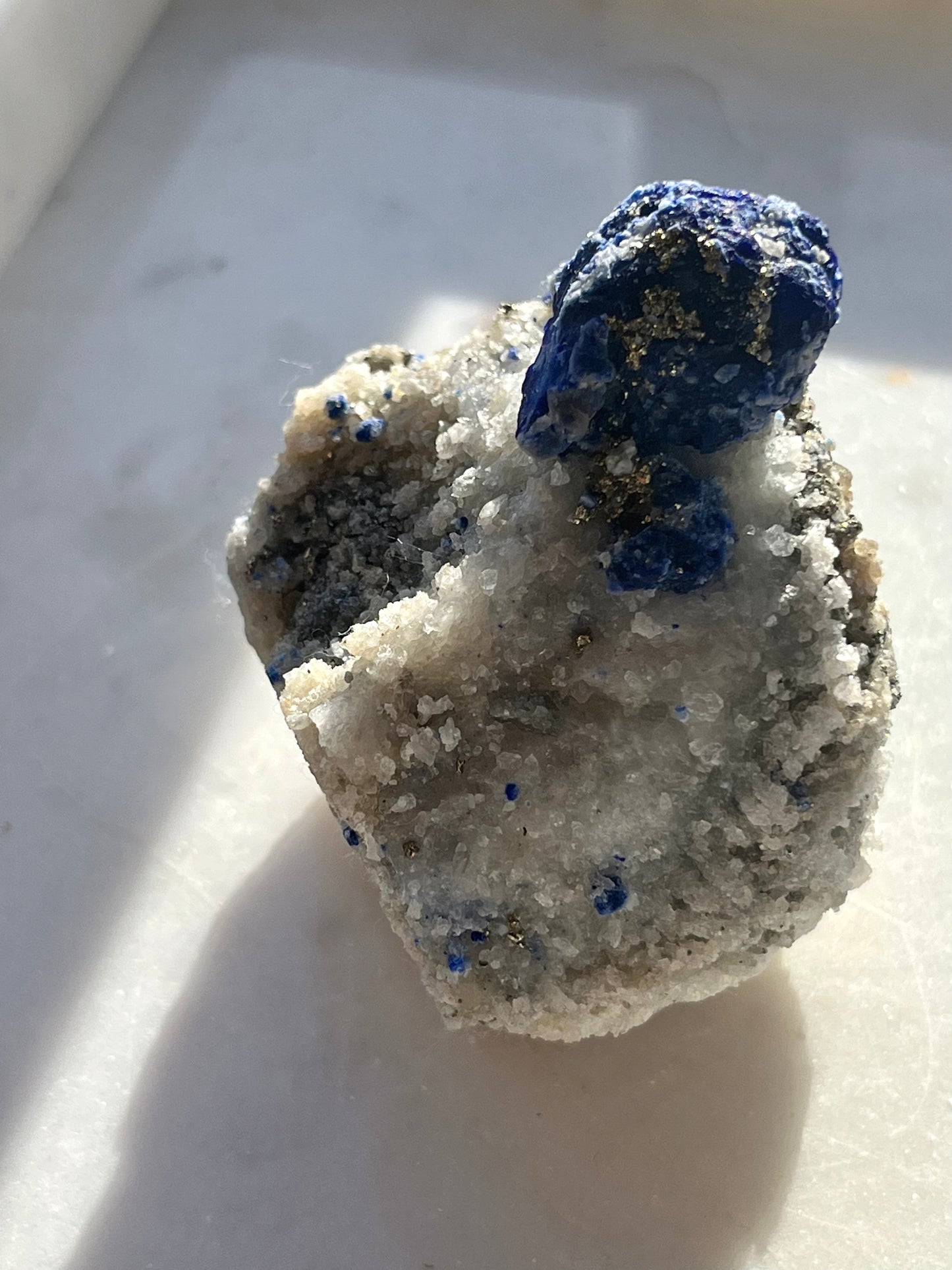 "Hydrous" Lazurite, Calcite & Pyrite Specimen on Marble #21