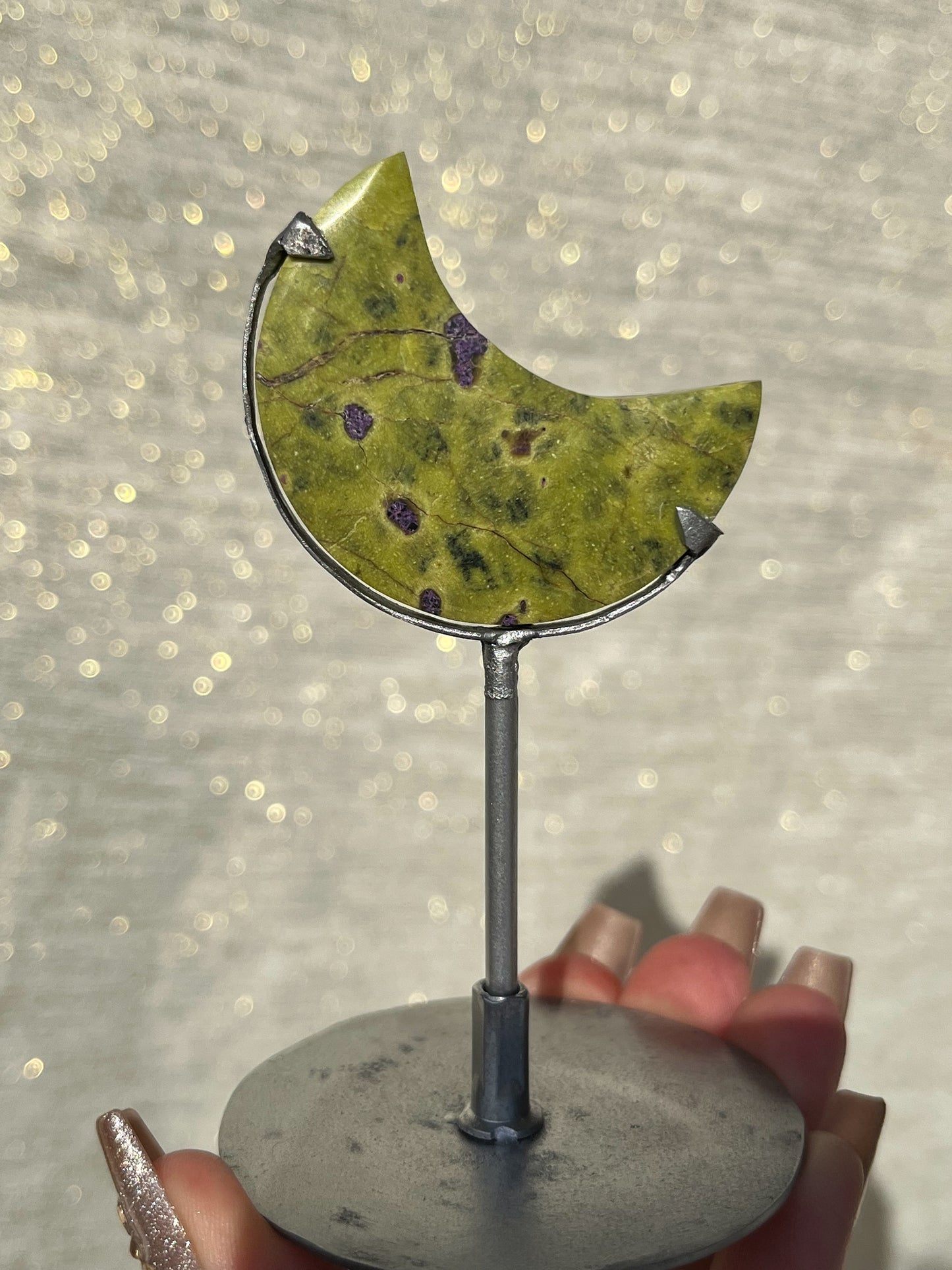 Atlantisite Moon Carving on Silver Stand (Perfectly Imperfect - Repaired)
