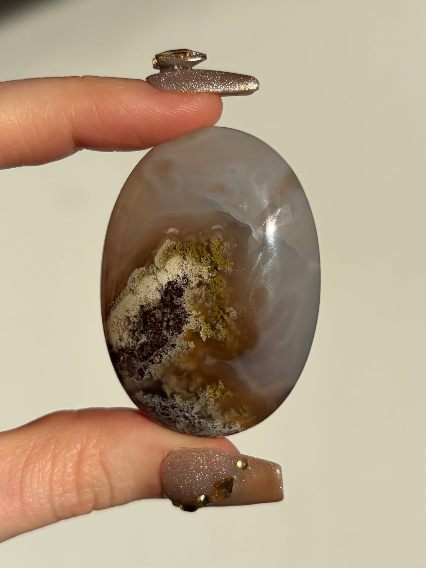 Jelly Orbicular Nebula Agate Palmstone with Green Moss Inclusions D