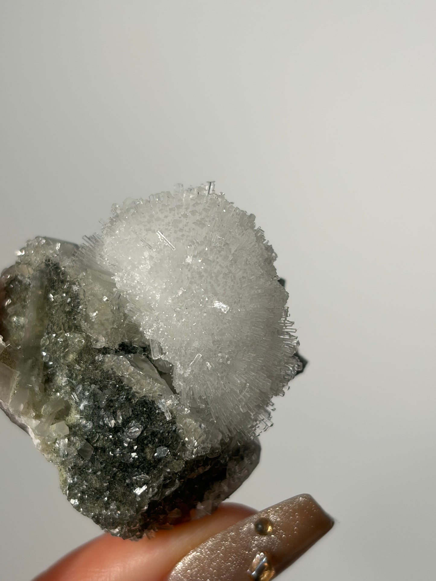 “Winter Bloom” Natrolite Specimen with Quartz and Apophyllite Coated Rhombohedral Calcite F