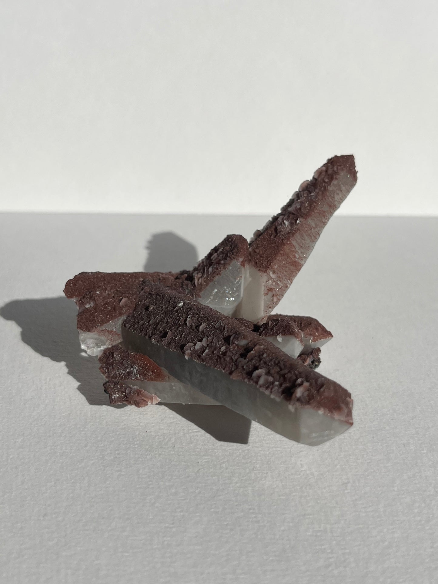 Pink Sakura Blossom Calcite on Dusty Red Coated Quartz Specimen D