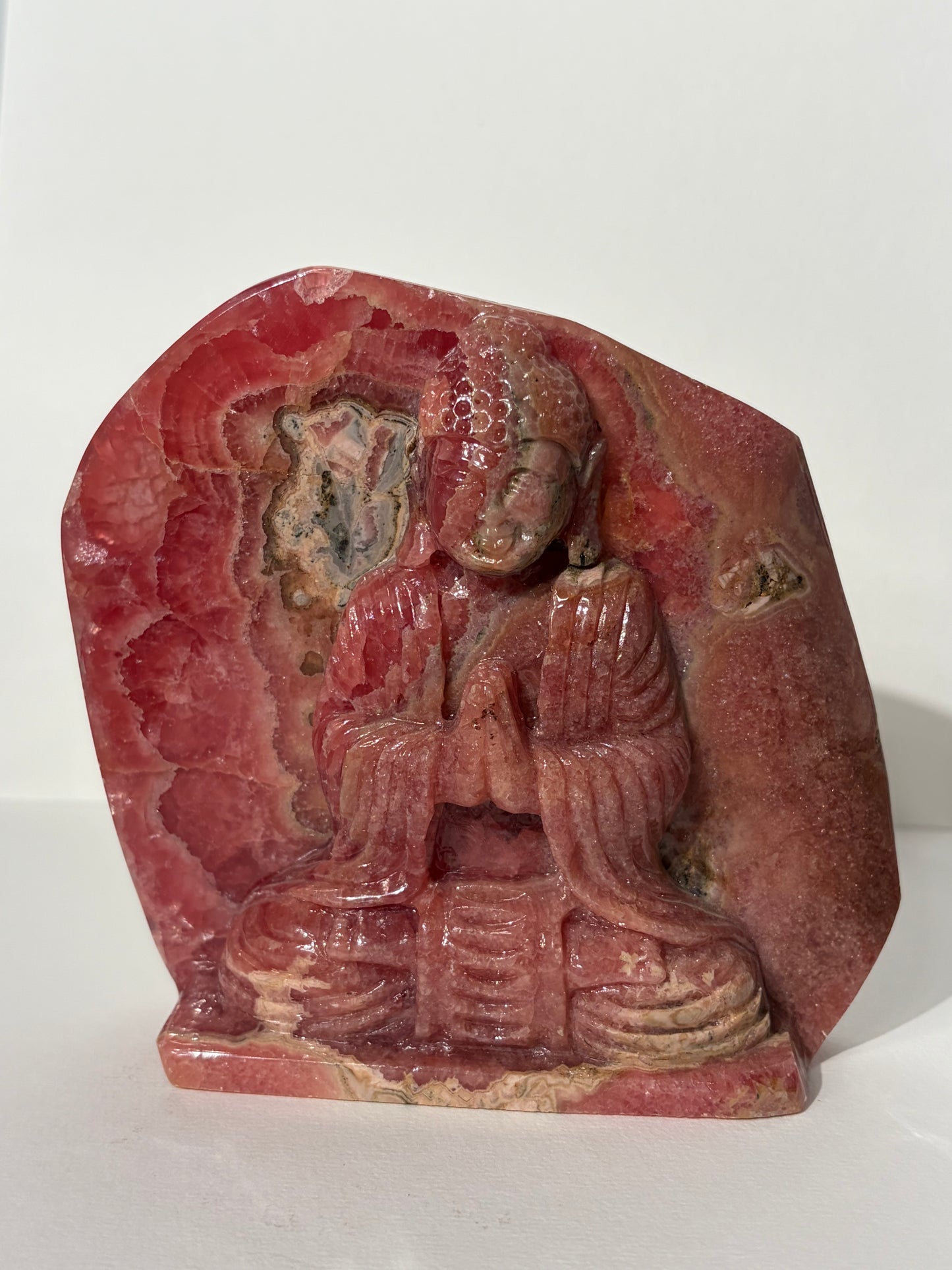 “Heart-Centred” Gemmy Rhodochrosite Seated Buddha Carvinge
