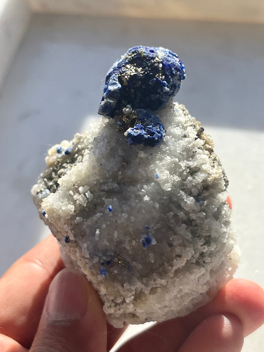 "Hydrous" Lazurite, Calcite & Pyrite Specimen on Marble #21