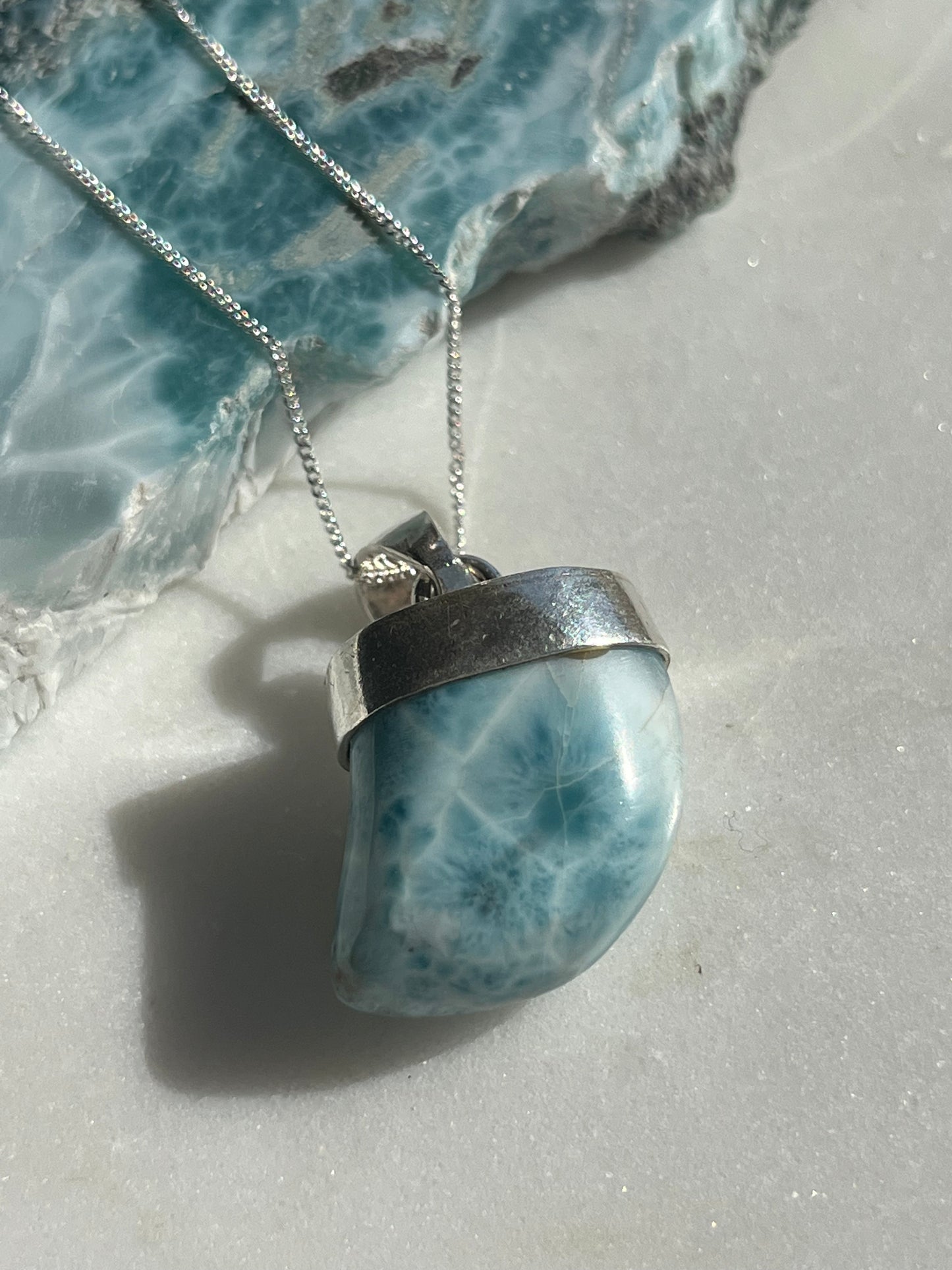 A Grade Larimar Shark Tooth Pendant & Chain (925 Sterling Silver) #1