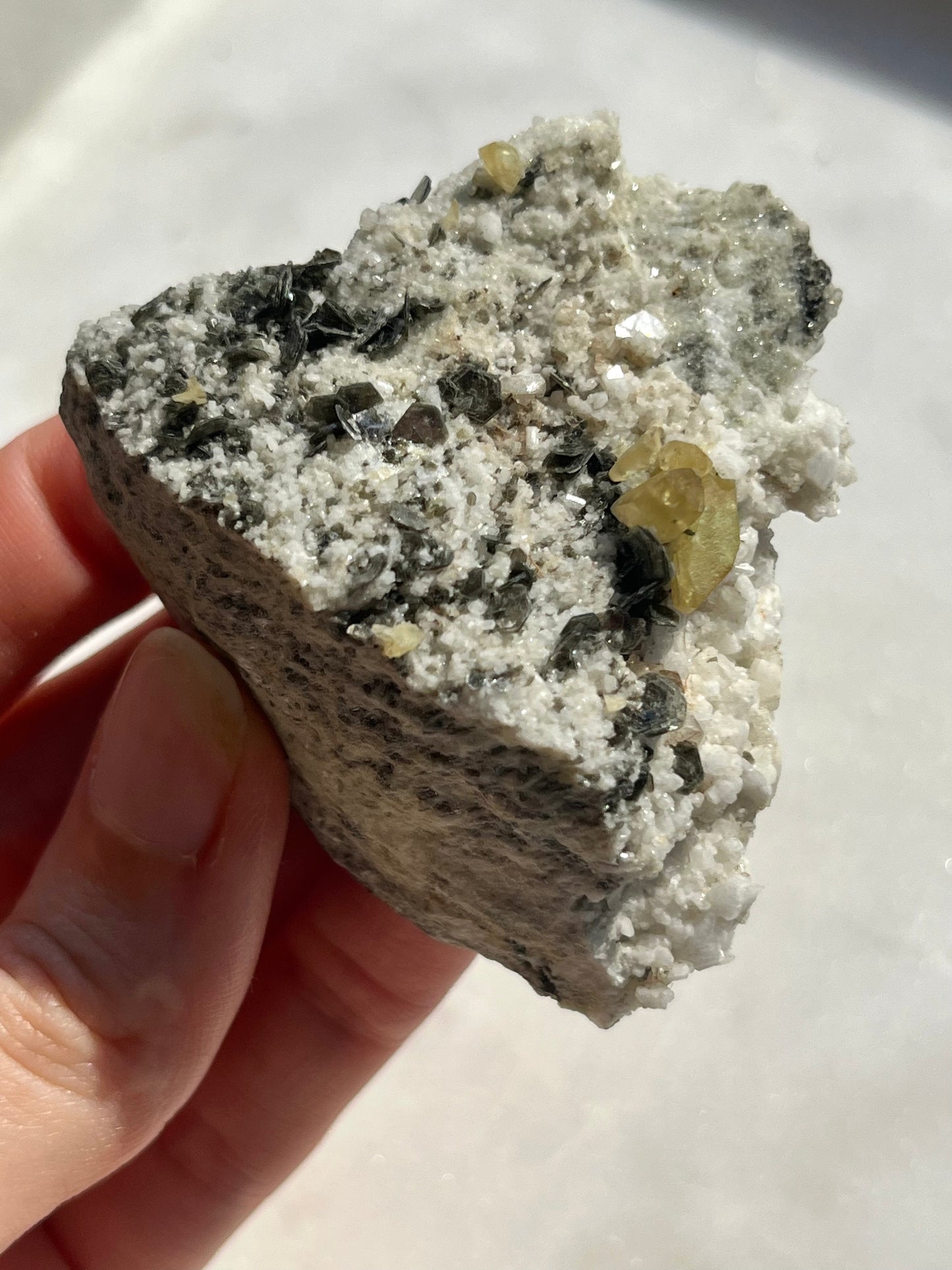 "Apollo" Titanite, Calcite & Silver Mica Specimen on Feldspar Matrix #6