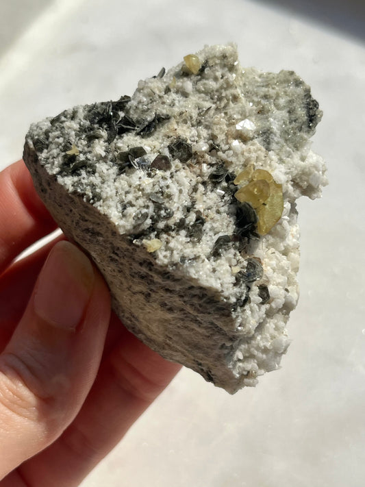 "Apollo" Titanite, Calcite & Silver Mica Specimen on Feldspar Matrix #6