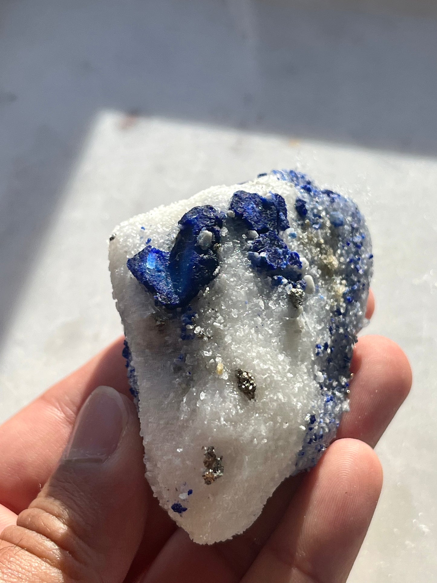 “Vessel” Lazurite, Calcite & Pyrite Specimen on Marble #24