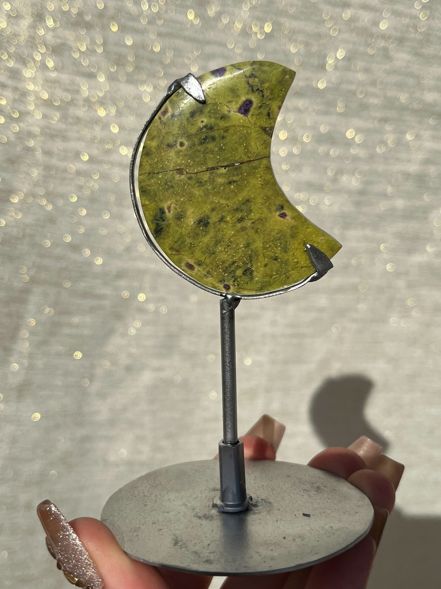 Atlantisite Moon Carving on Silver Stand (Perfectly Imperfect - Repaired)