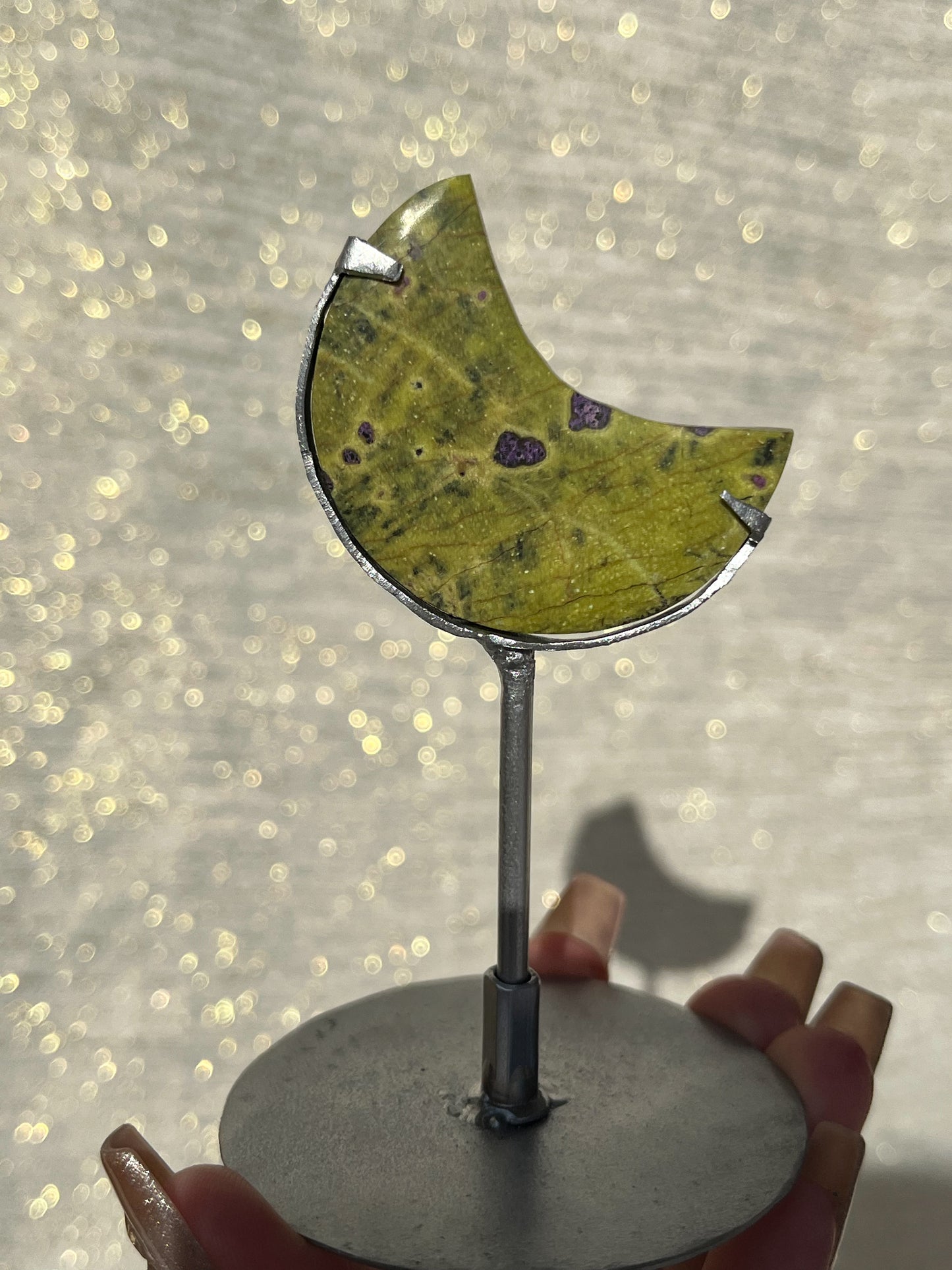 Atlantisite Moon Carving on Silver Stand (Perfectly Imperfect - Repaired)