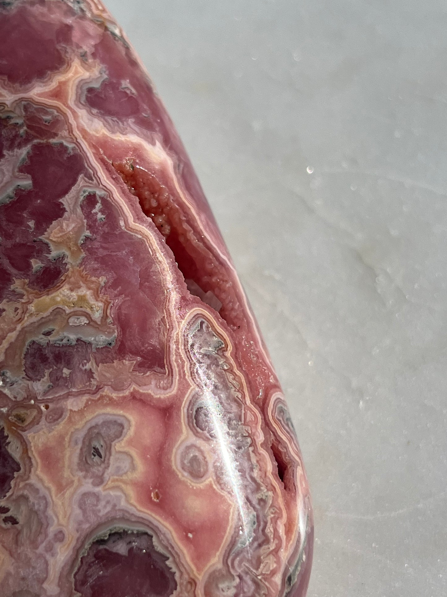 ‘Haven’ Polished Rhodochrosite Vug Freeform w/Terminated Calcite #1