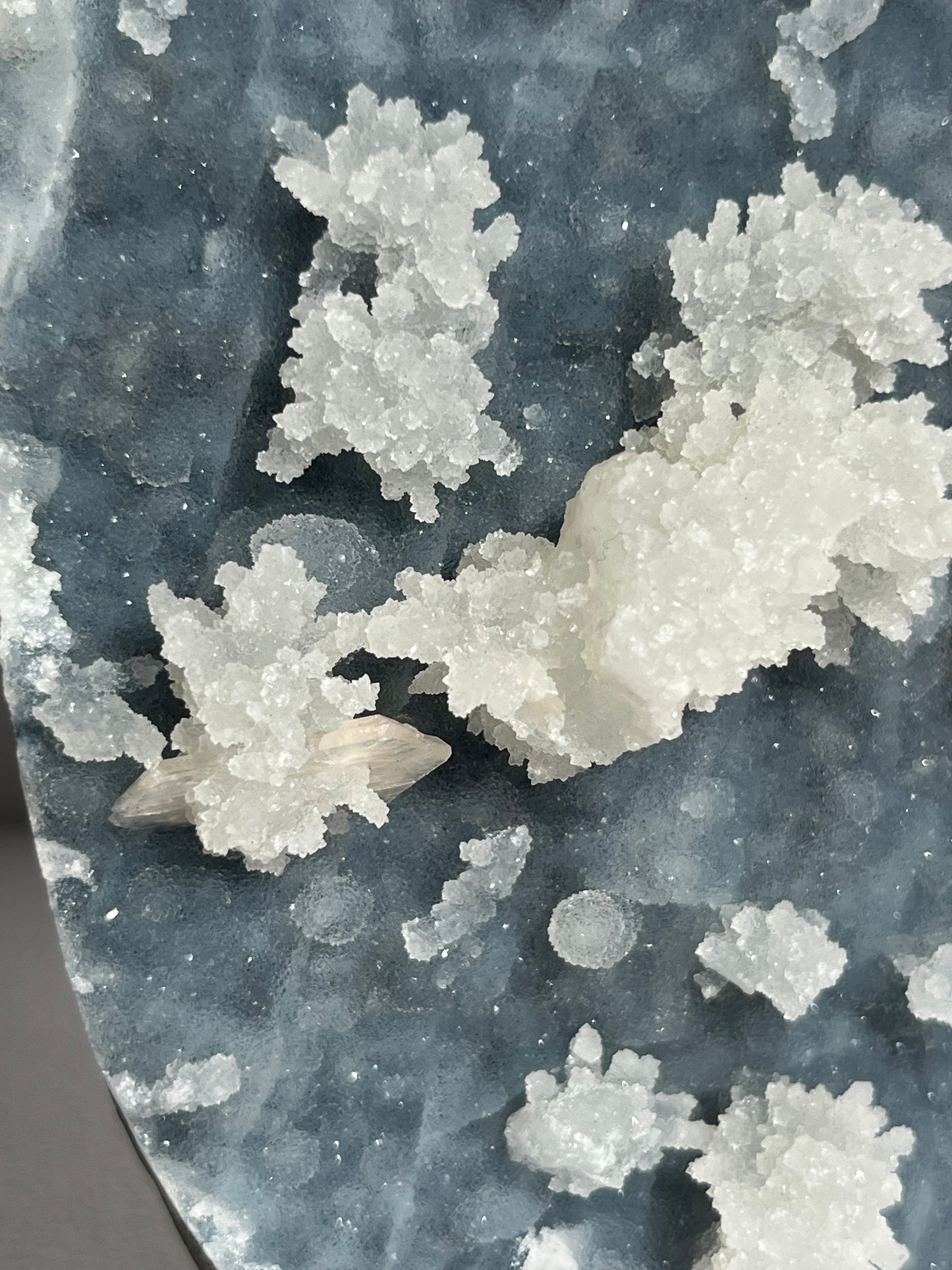 Blue Chalcedony with Flower Formations and Peach Stilbite Specimen A