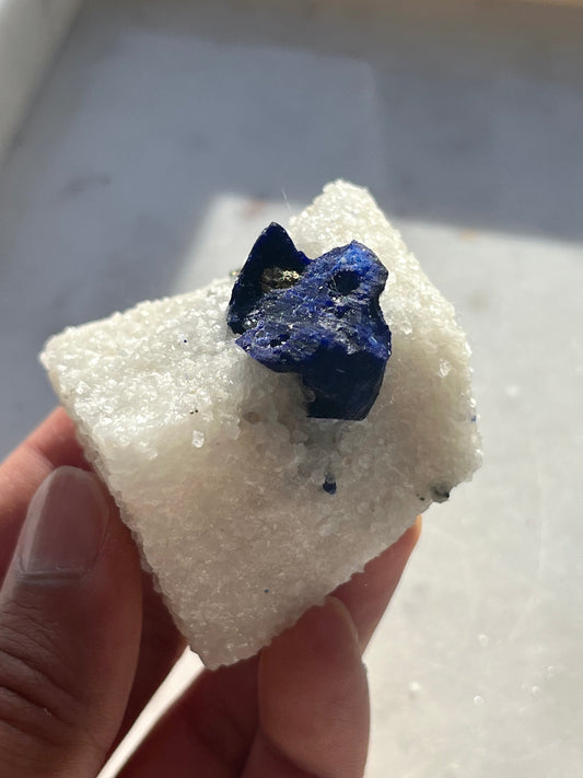 "Vertex" Lazurite, Calcite & Pyrite Specimen on Marble #22