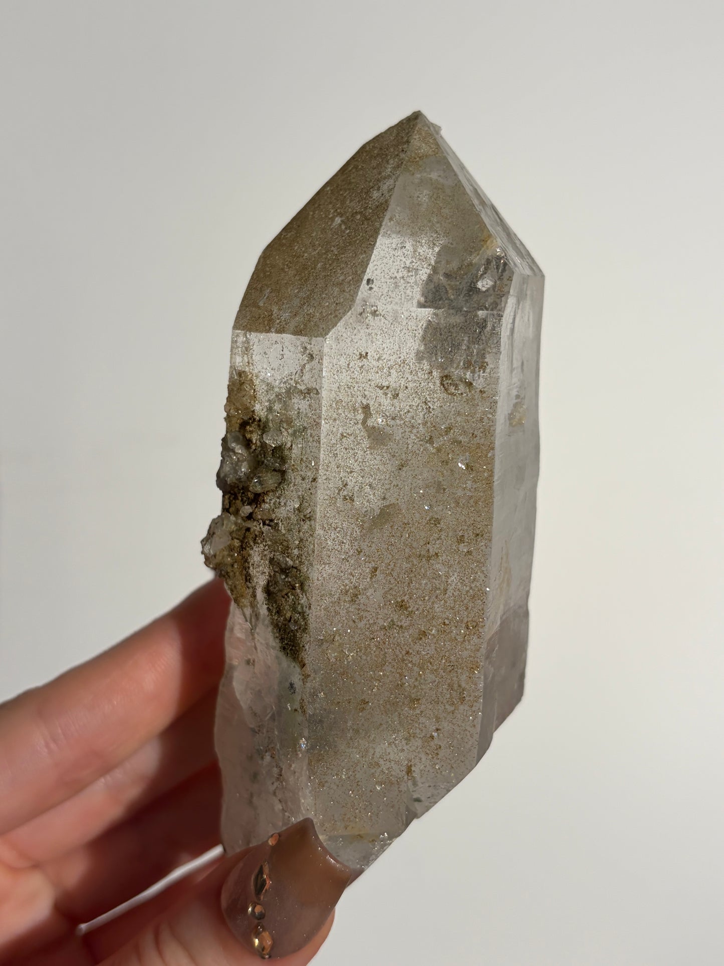 Doubly Terminated Chlorite Included Quartz Specimen with Druzy Quartz Coating C