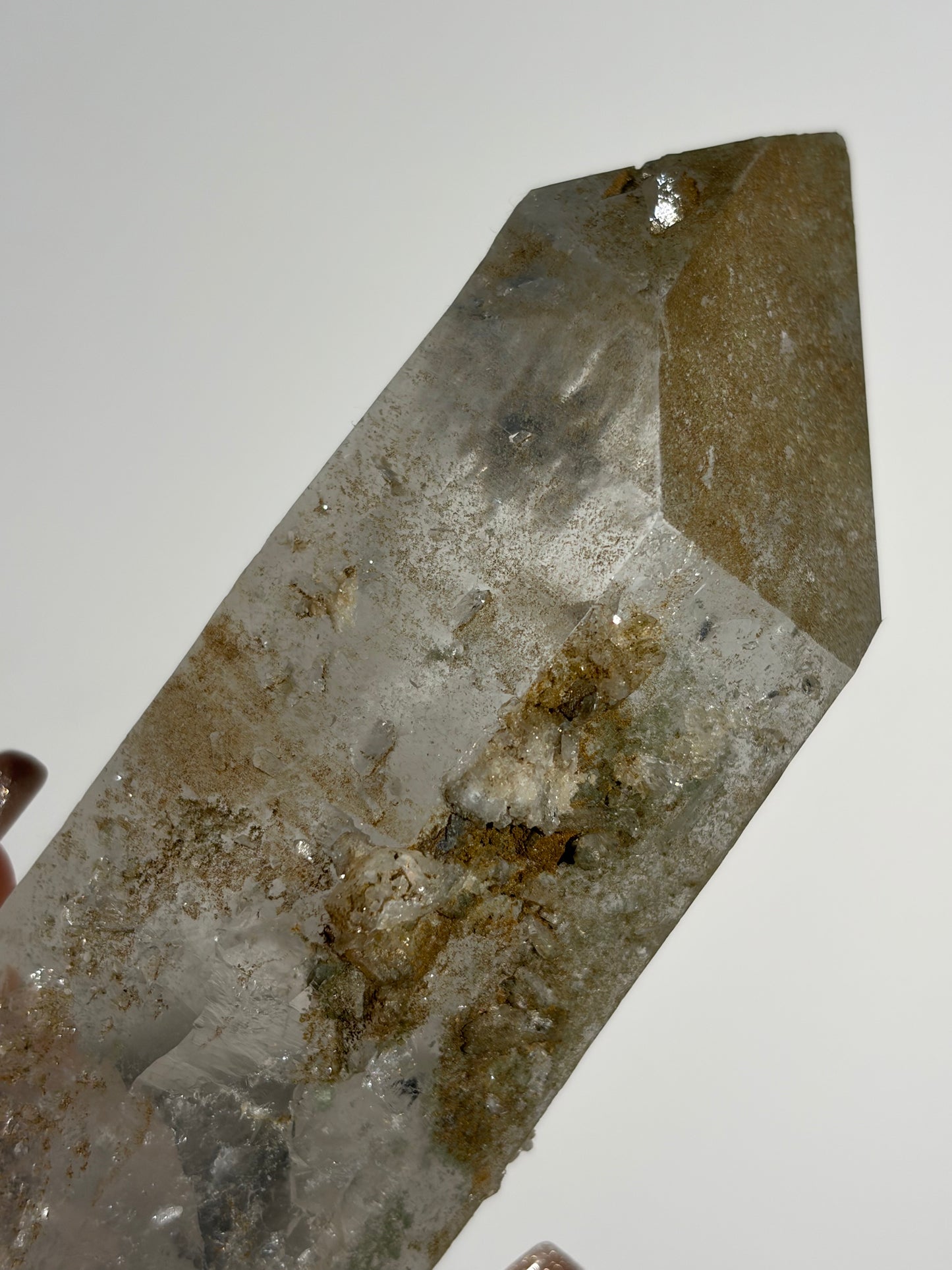 Doubly Terminated Chlorite Included Quartz Specimen with Druzy Quartz Coating C