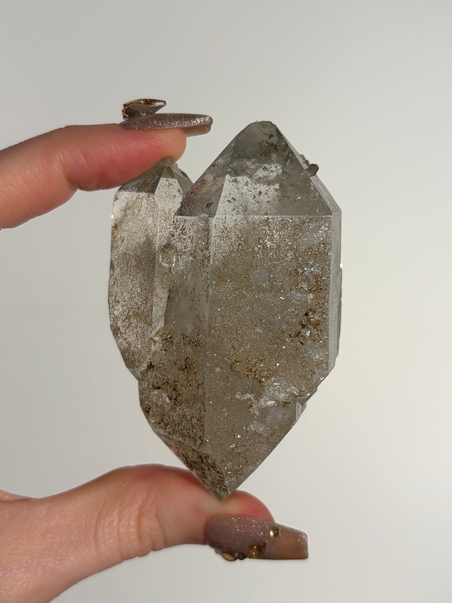 Doubly Terminated Twin Chlorite Included Quartz Specimen with Druzy Quartz Coating F