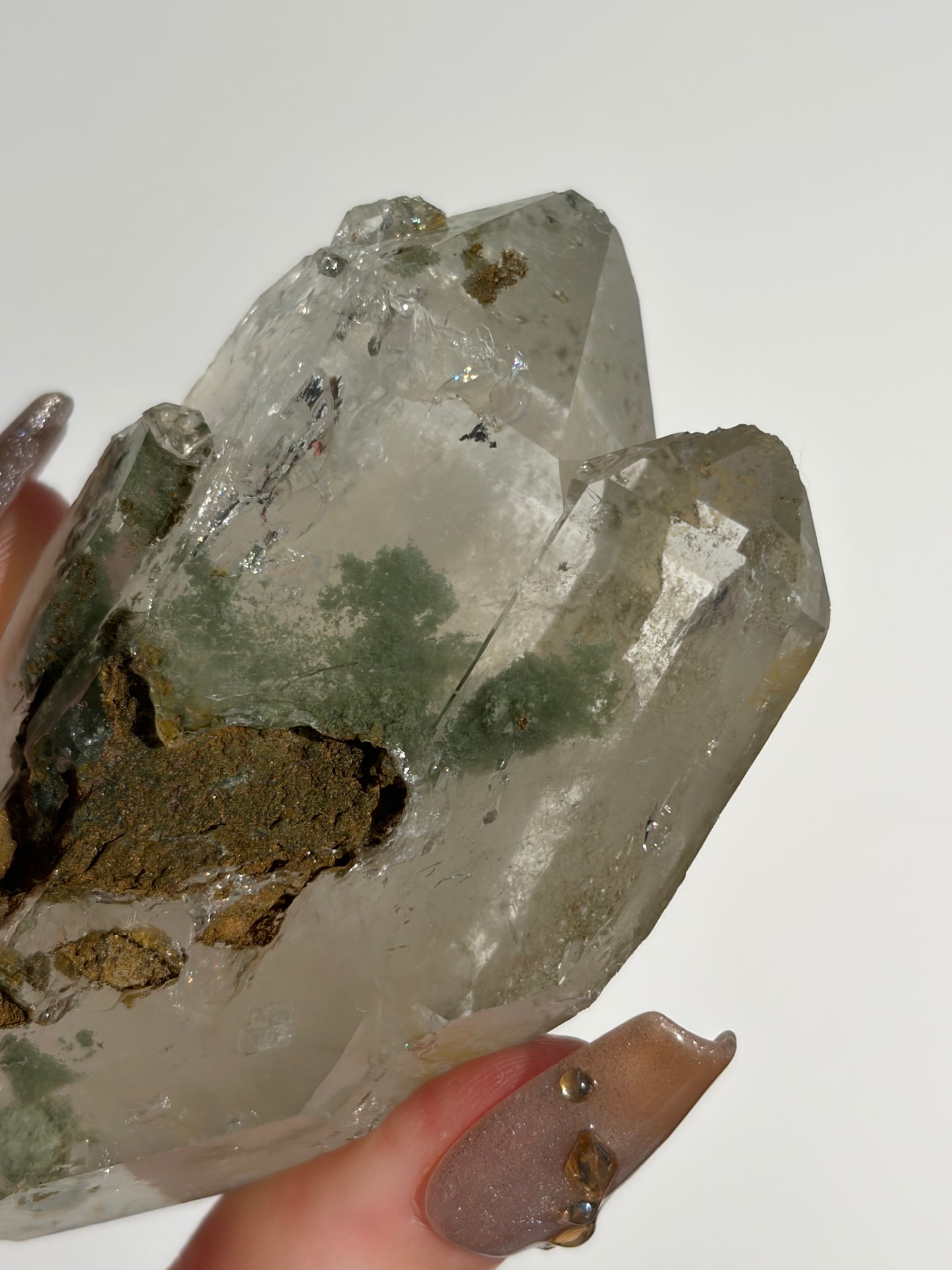 Doubly Terminated Twin Chlorite Included Quartz Specimen with Druzy Quartz Coating F