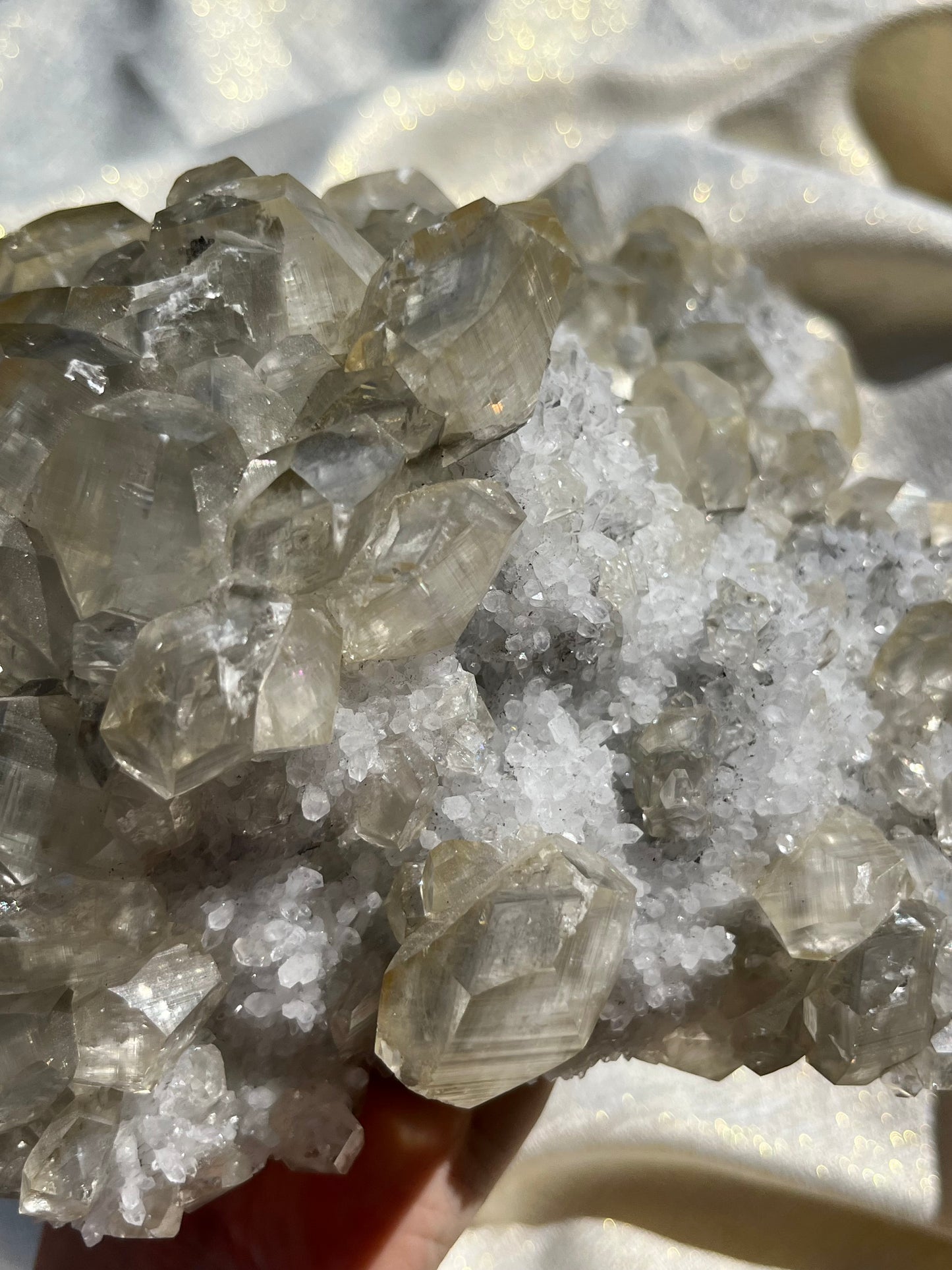 Grey Phantom Calcite Specimen on Quartz & Fluorite Matrix