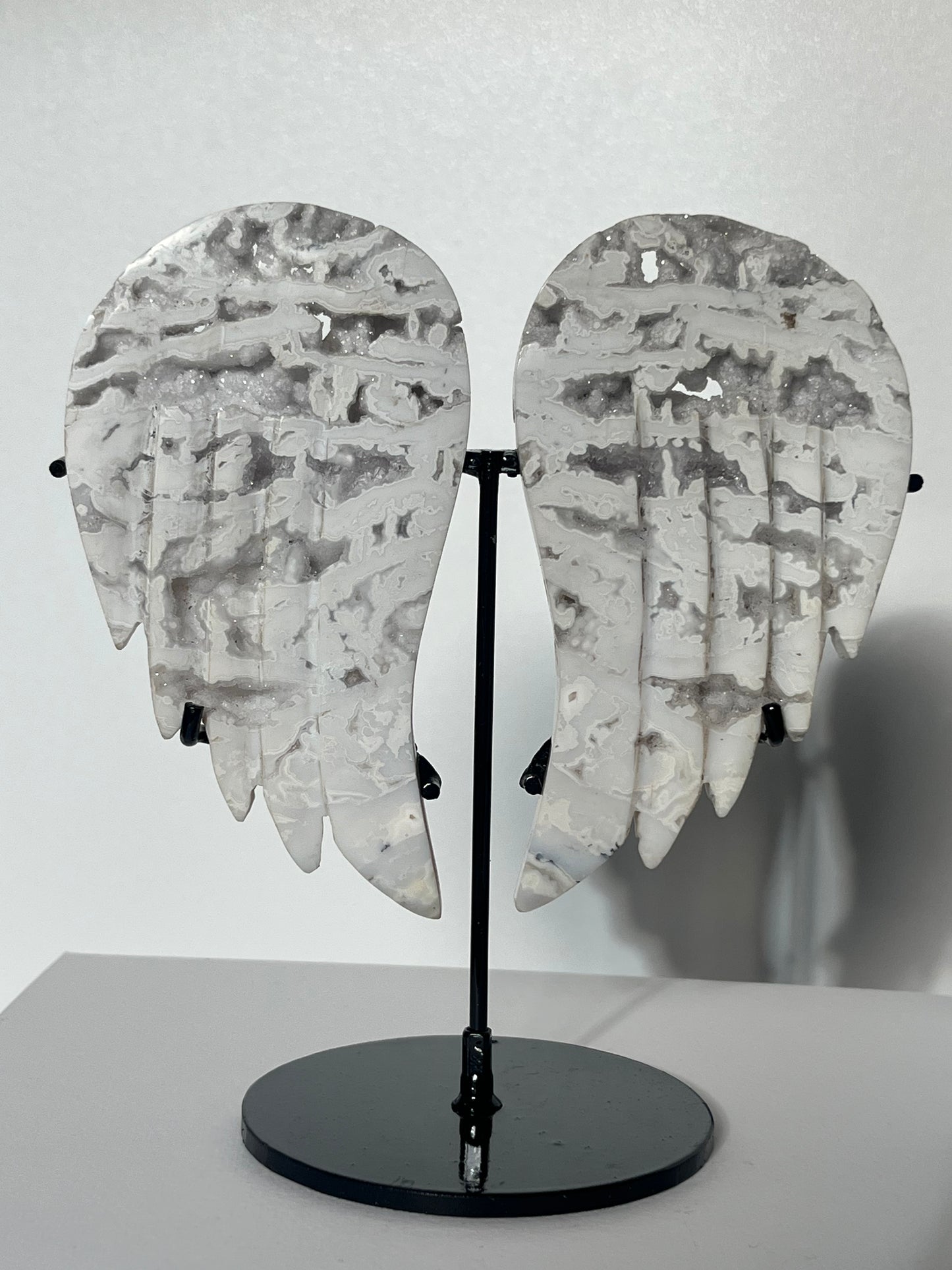 Druzy Snow Agate Angel Wings on Stand