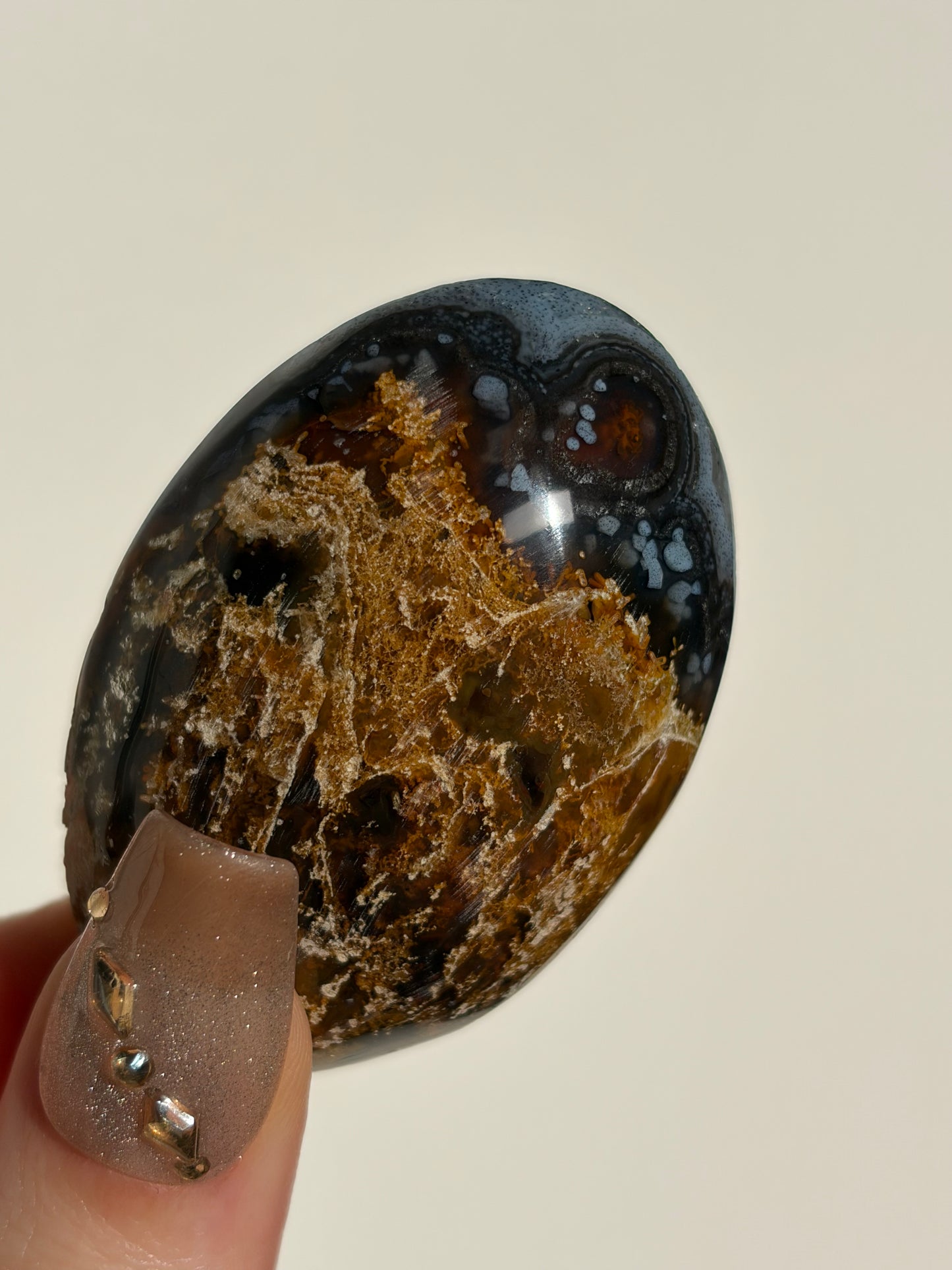 "Midnight Song" Blue East Indonesian Agate with Golden Moss Palmstone
