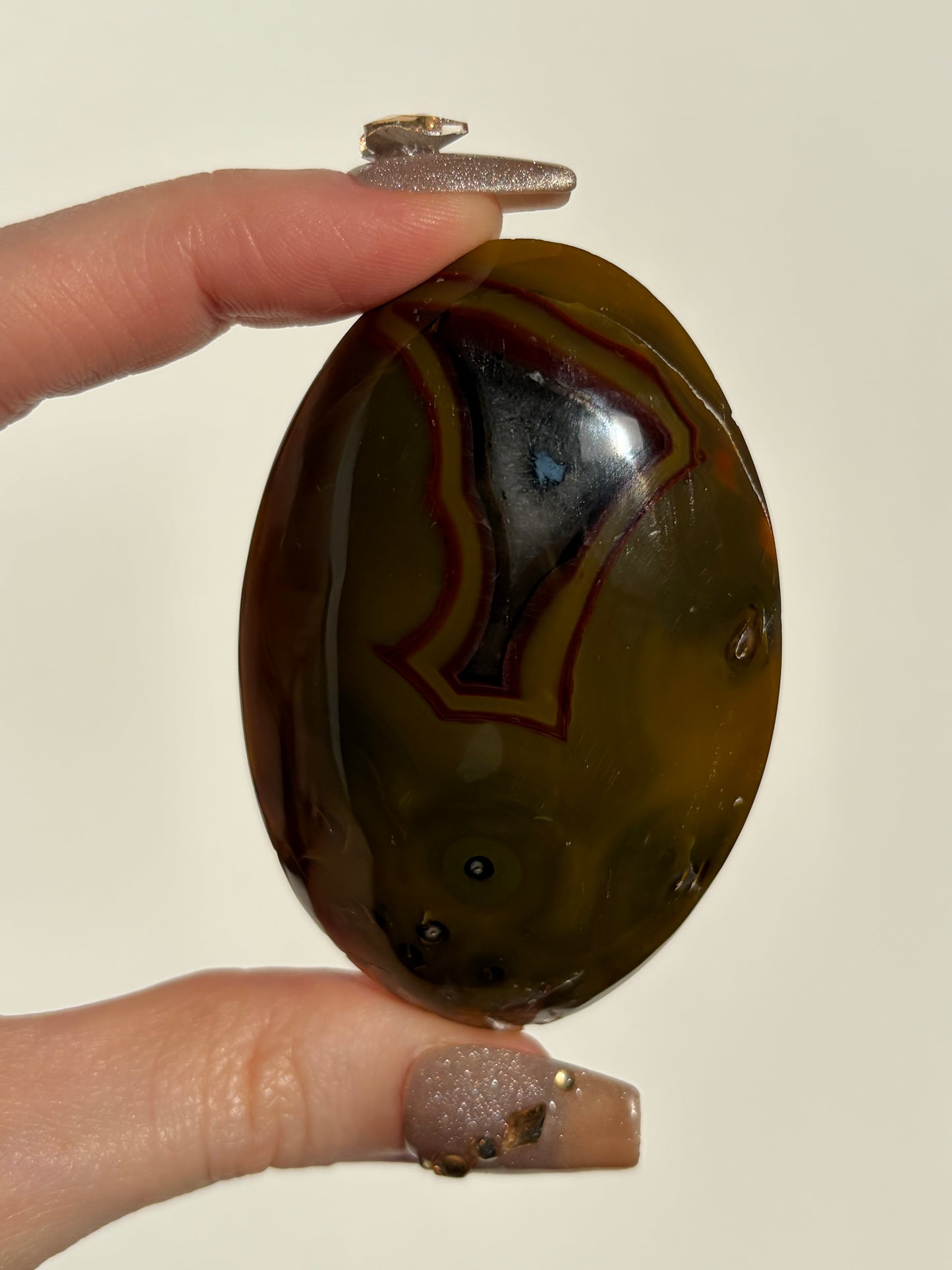 Ochre Yellow & Red Banded Indonesian Agate with Quartz and Dendritic Inclusions Palmstone A
