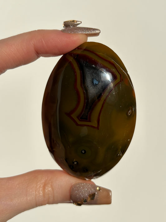 Ochre Yellow & Red Banded Indonesian Agate with Quartz and Dendritic Inclusions Palmstone A