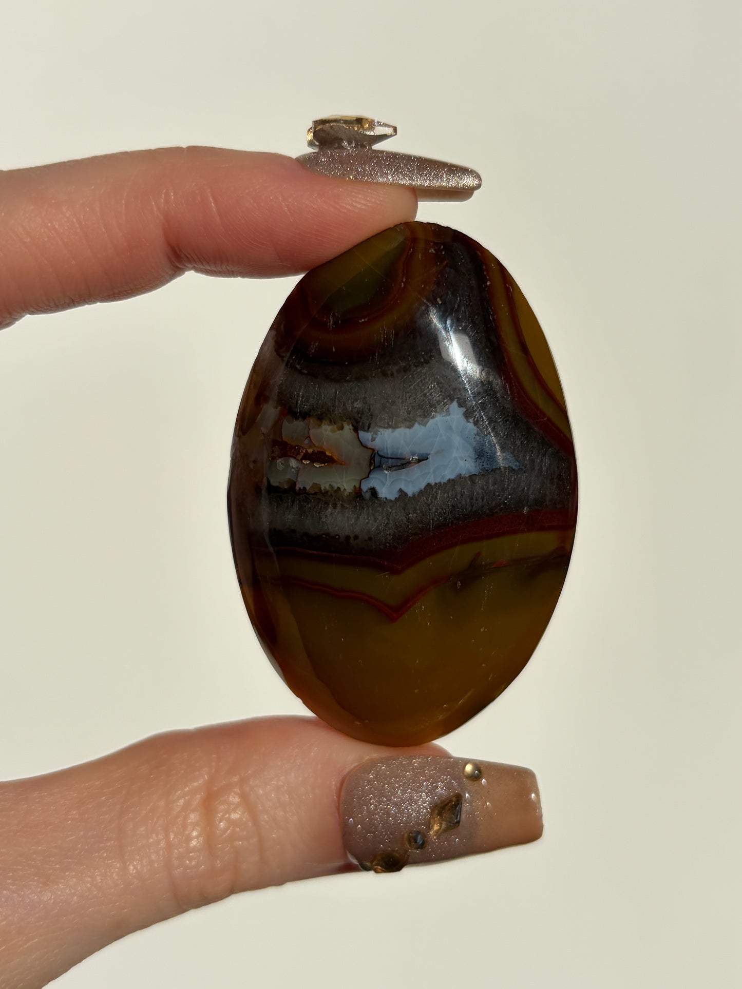 Ochre Yellow & Red Banded Indonesian Agate with Quartz and Dendritic Inclusions Palmstone B
