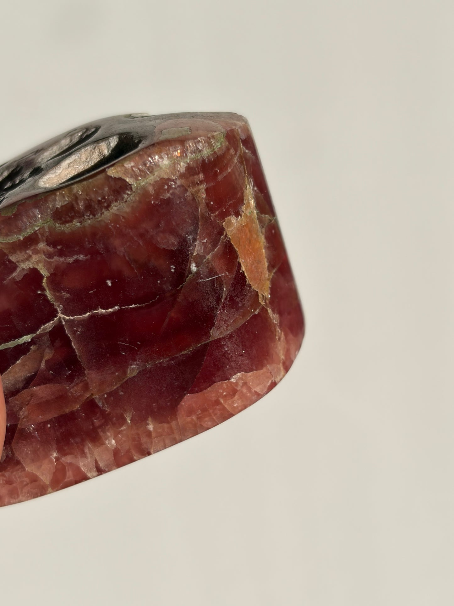 “Luminance” Gemmy Gel Rhodochrosite Freeform with Copper Inclusions