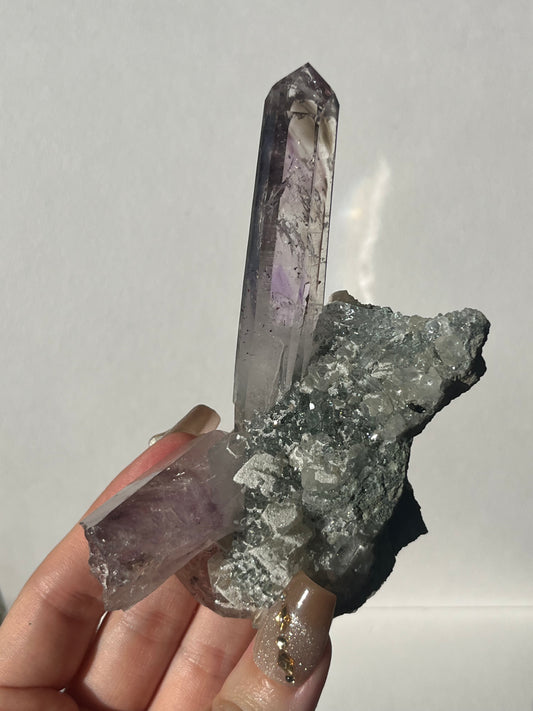 Smokey Phantom Amethyst on Matrix with Enhydro, Epidote & Druzy Coated Calcite Specimen F