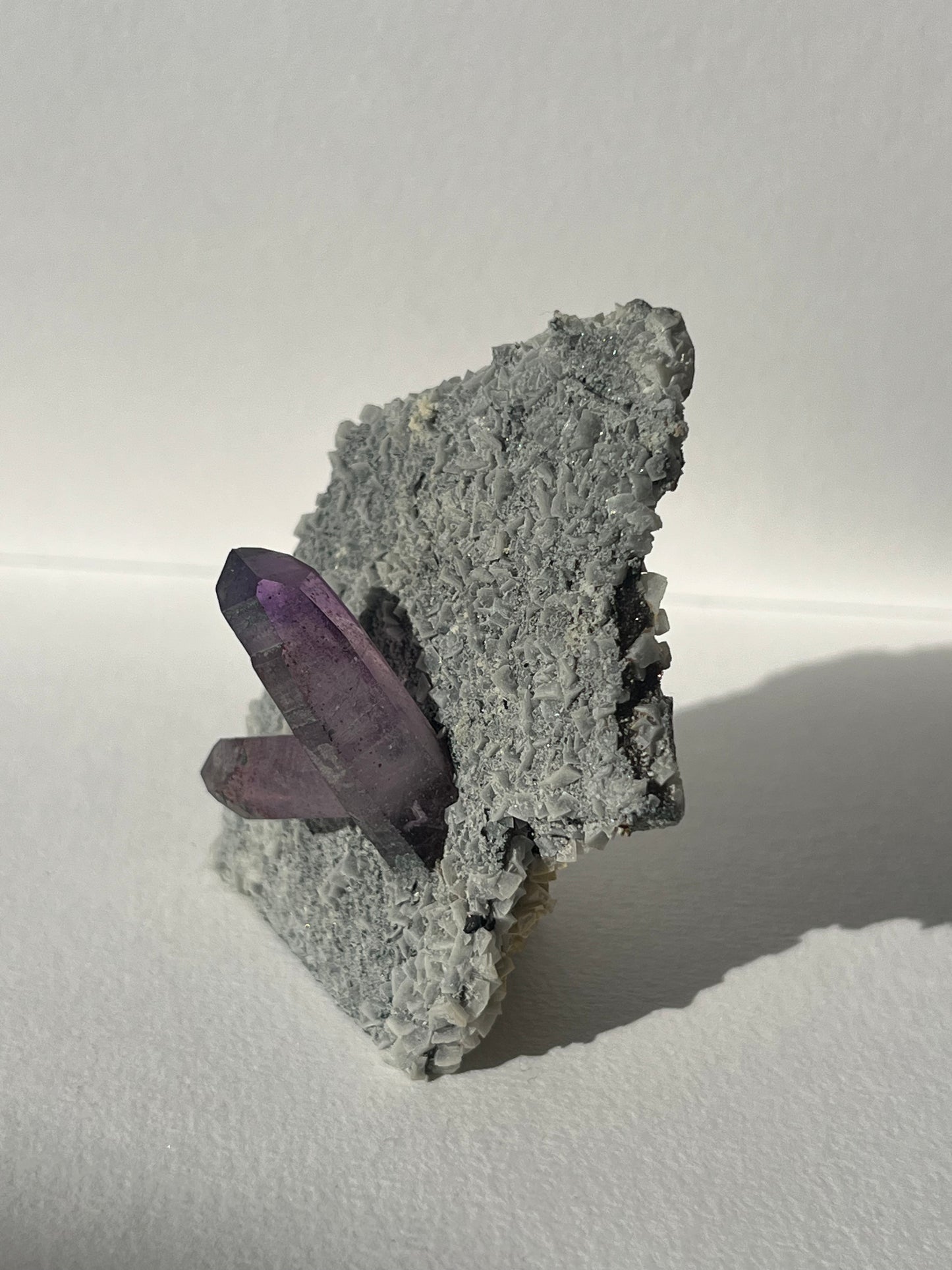 Amethyst on UV Reactive Grey Coated Calcite Matrix Specimen G