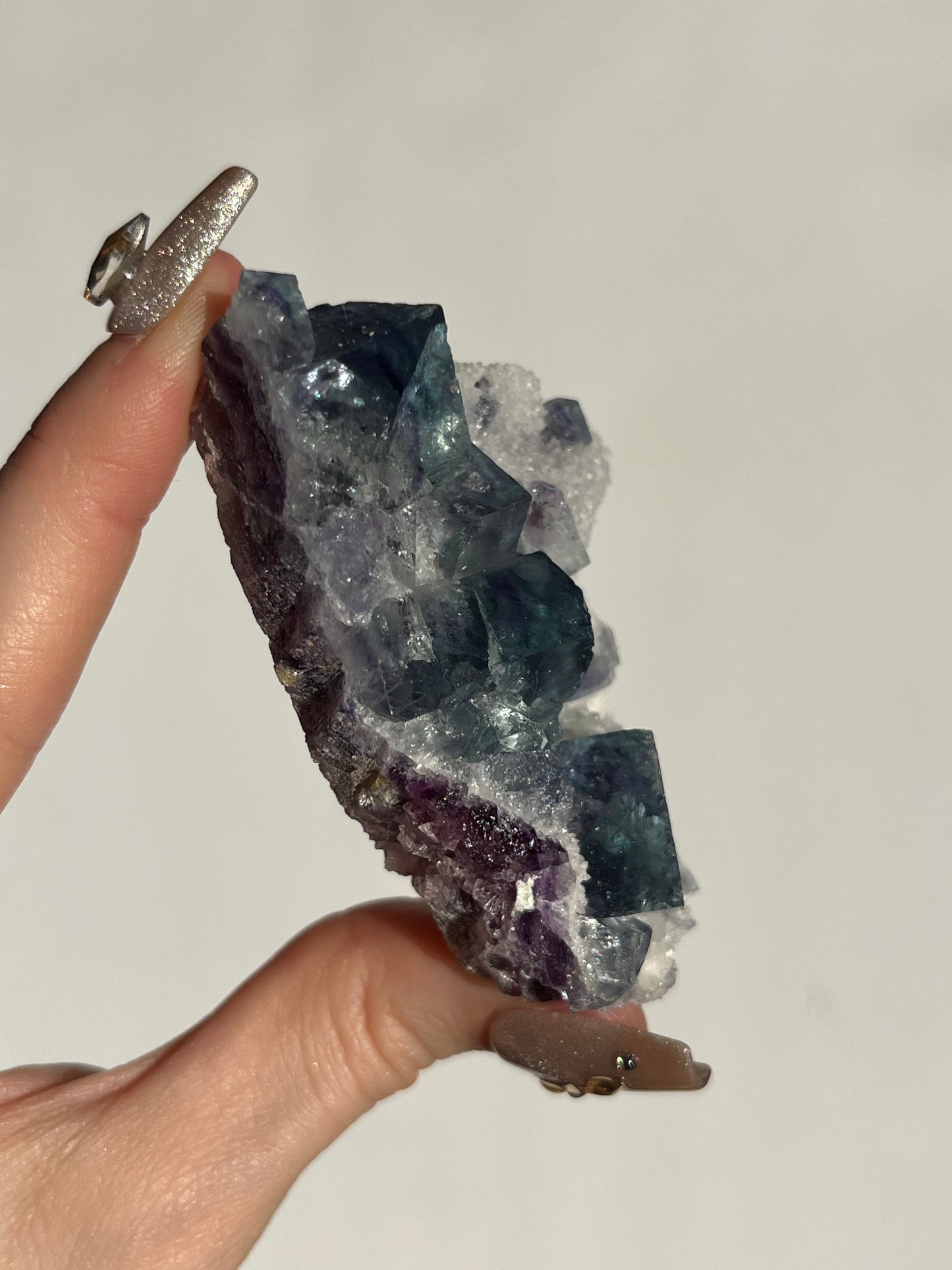 Teal Blue-Green and Purple Phantom Yindu Fluorite with Quartz Specimen D