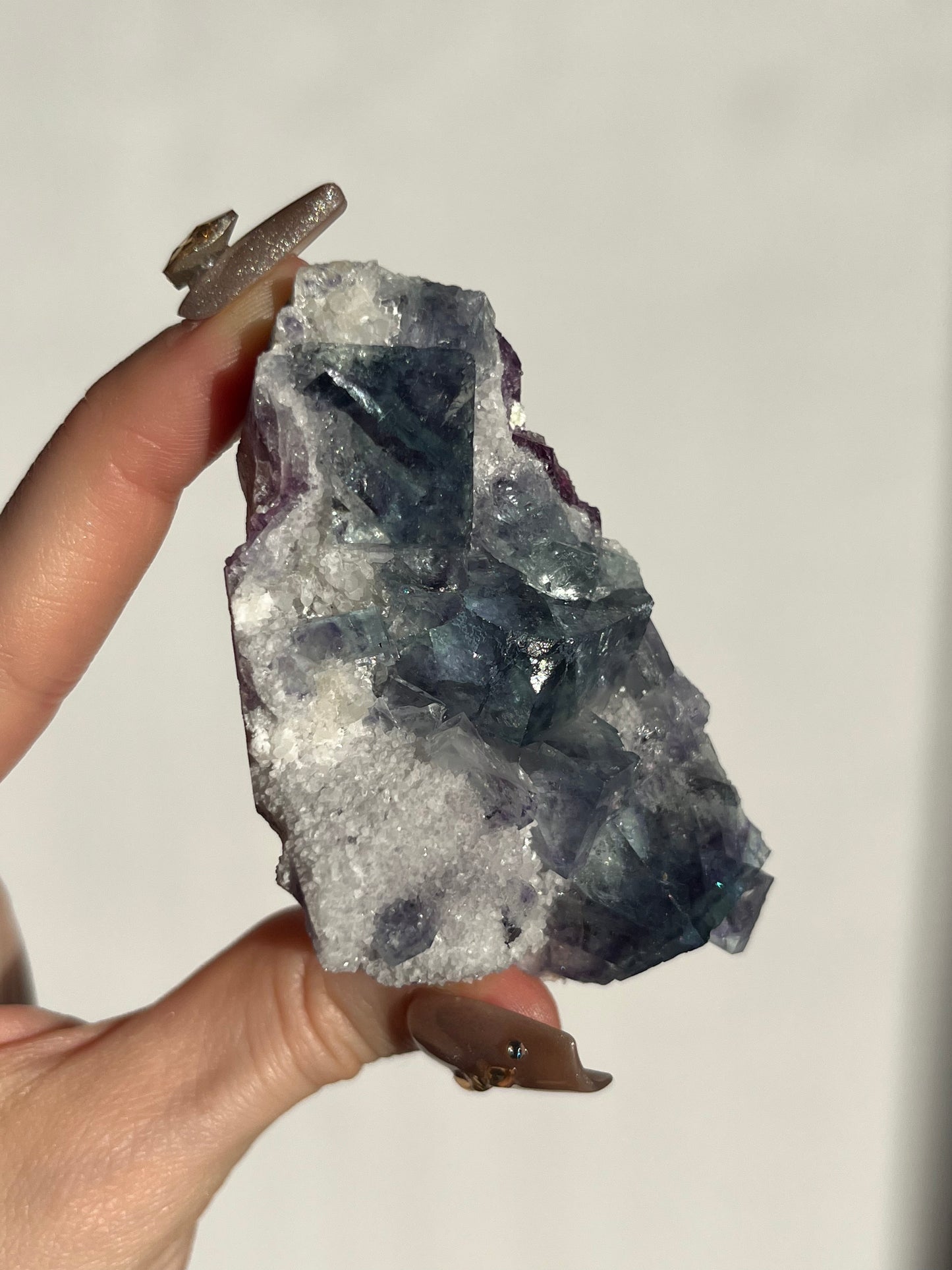 Teal Blue-Green and Purple Phantom Yindu Fluorite with Quartz Specimen D