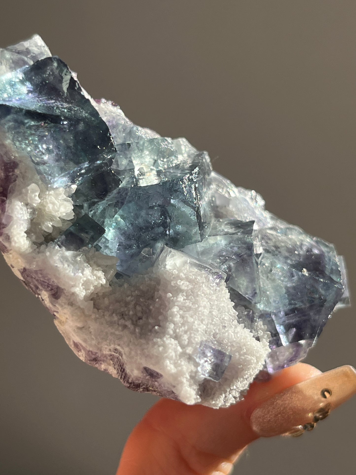 Teal Blue-Green and Purple Phantom Yindu Fluorite with Quartz Specimen D