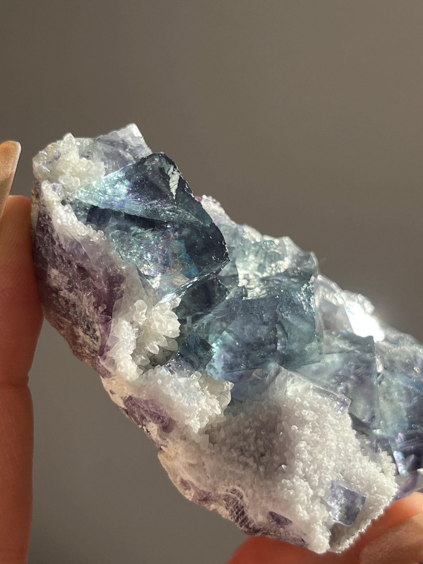 Teal Blue-Green and Purple Phantom Yindu Fluorite with Quartz Specimen D