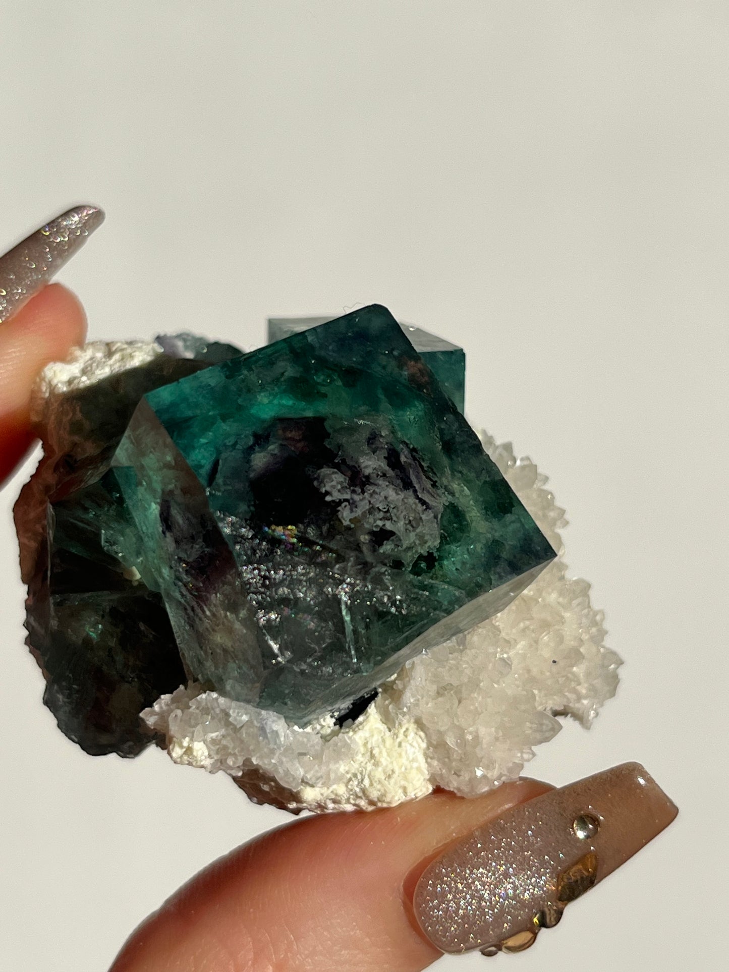 Vibrant Green-Purple Phantom Yindu Fluorite Specimen with Quartz E