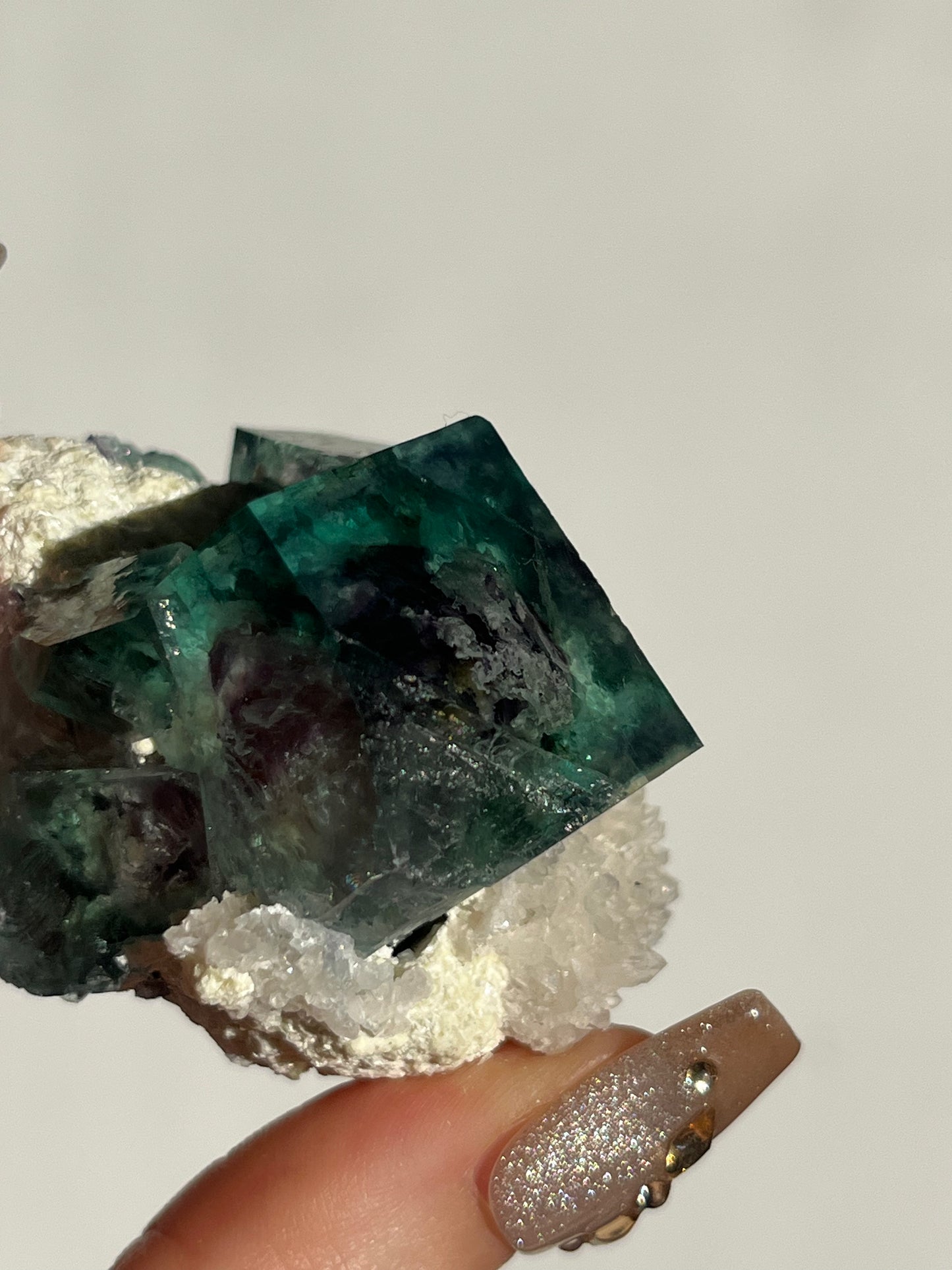 Vibrant Green-Purple Phantom Yindu Fluorite Specimen with Quartz E