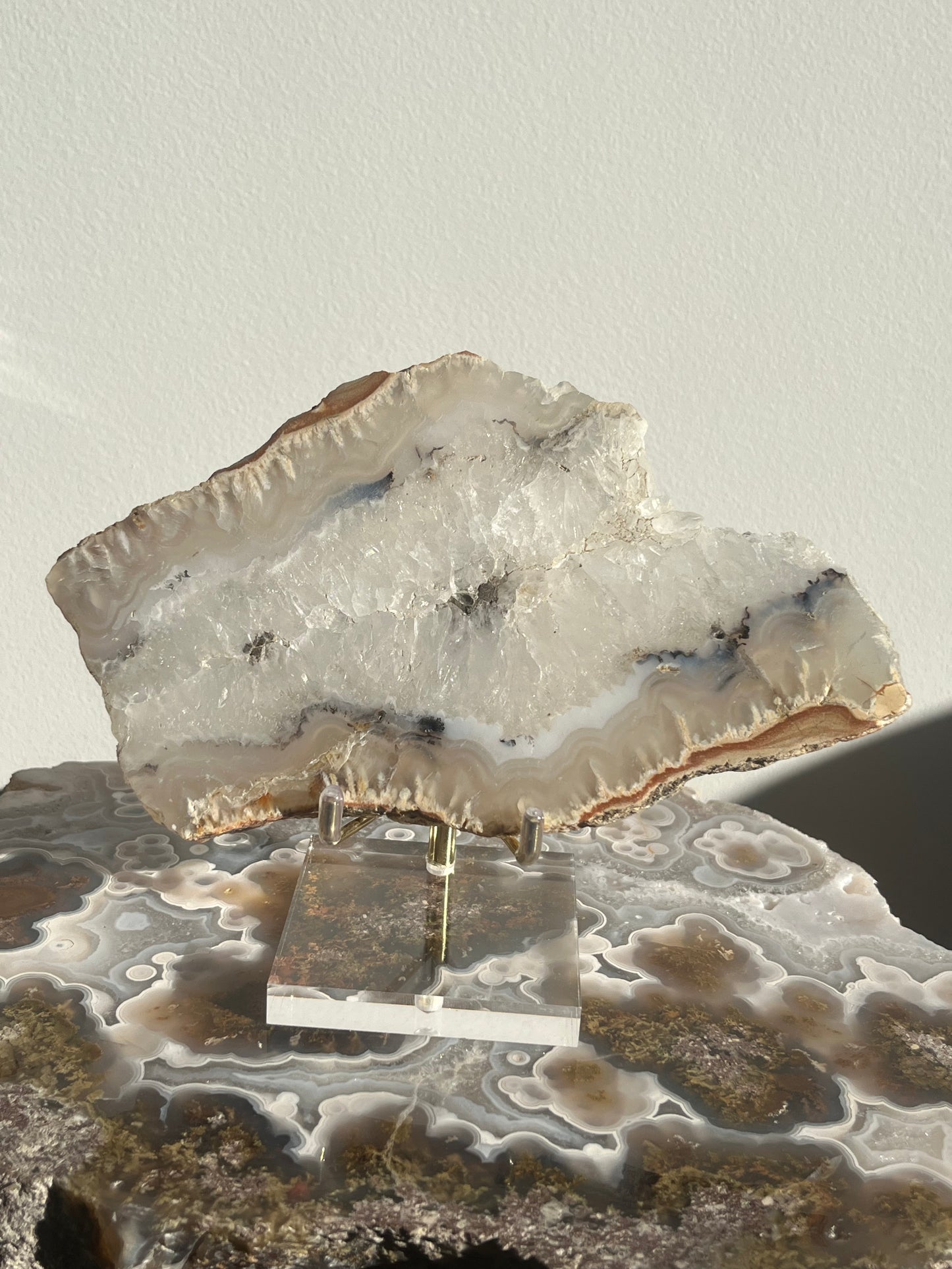 Indonesian Flower Agate with Quartz and Dendritic Inclusions Slab on Stand
