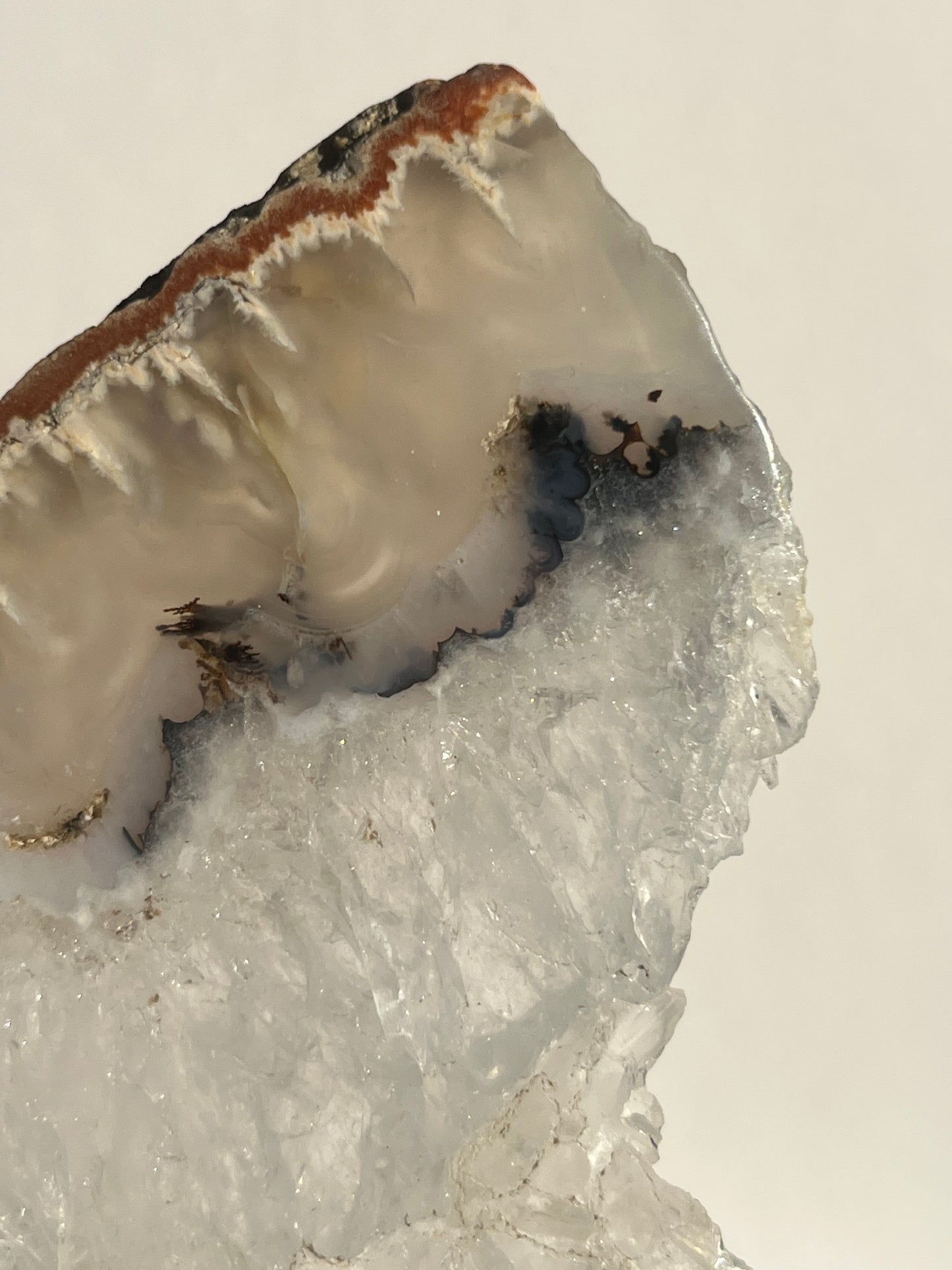 Indonesian Flower Agate with Quartz and Dendritic Inclusions Slab on Stand