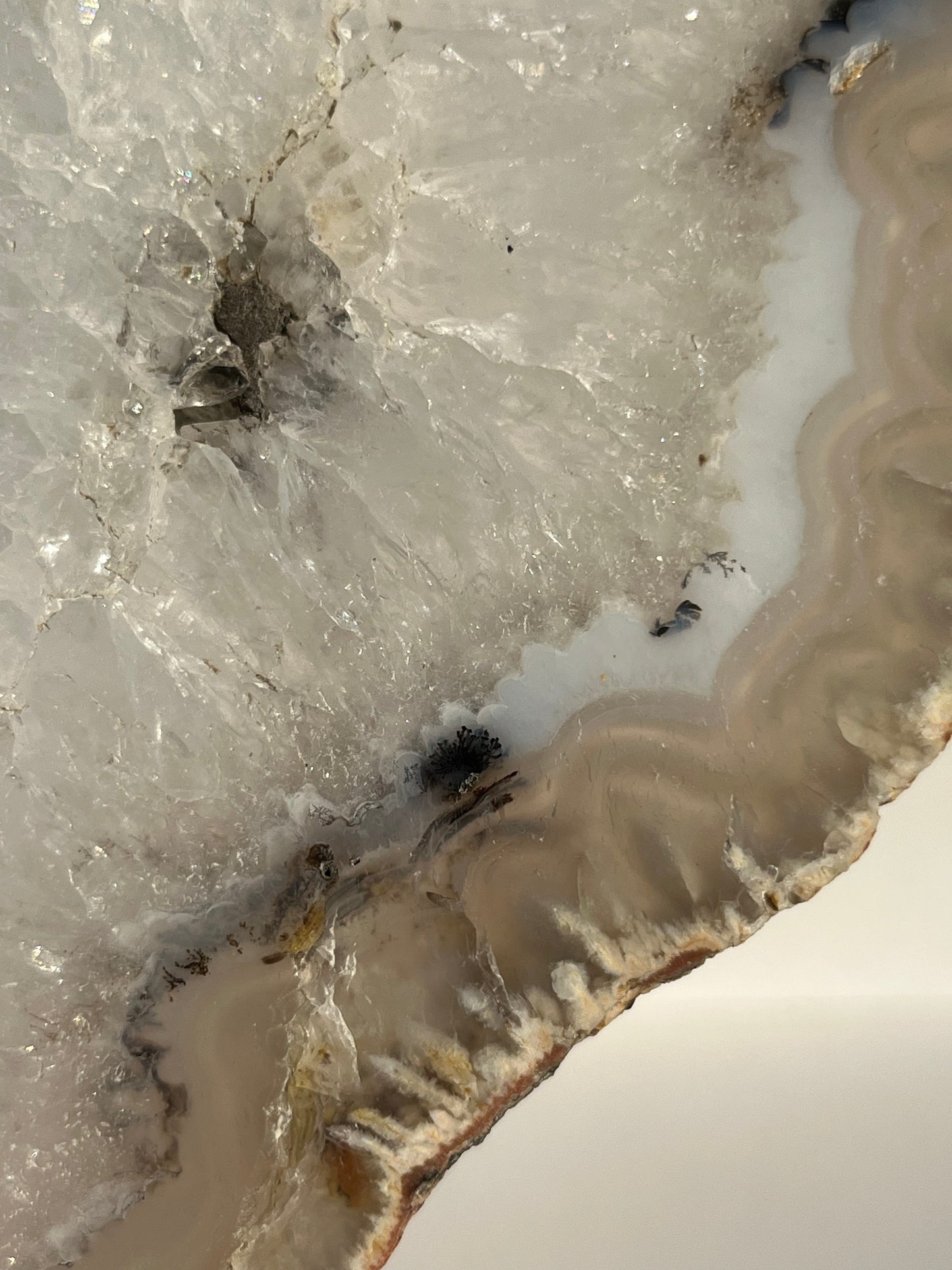 Indonesian Flower Agate with Quartz and Dendritic Inclusions Slab on Stand
