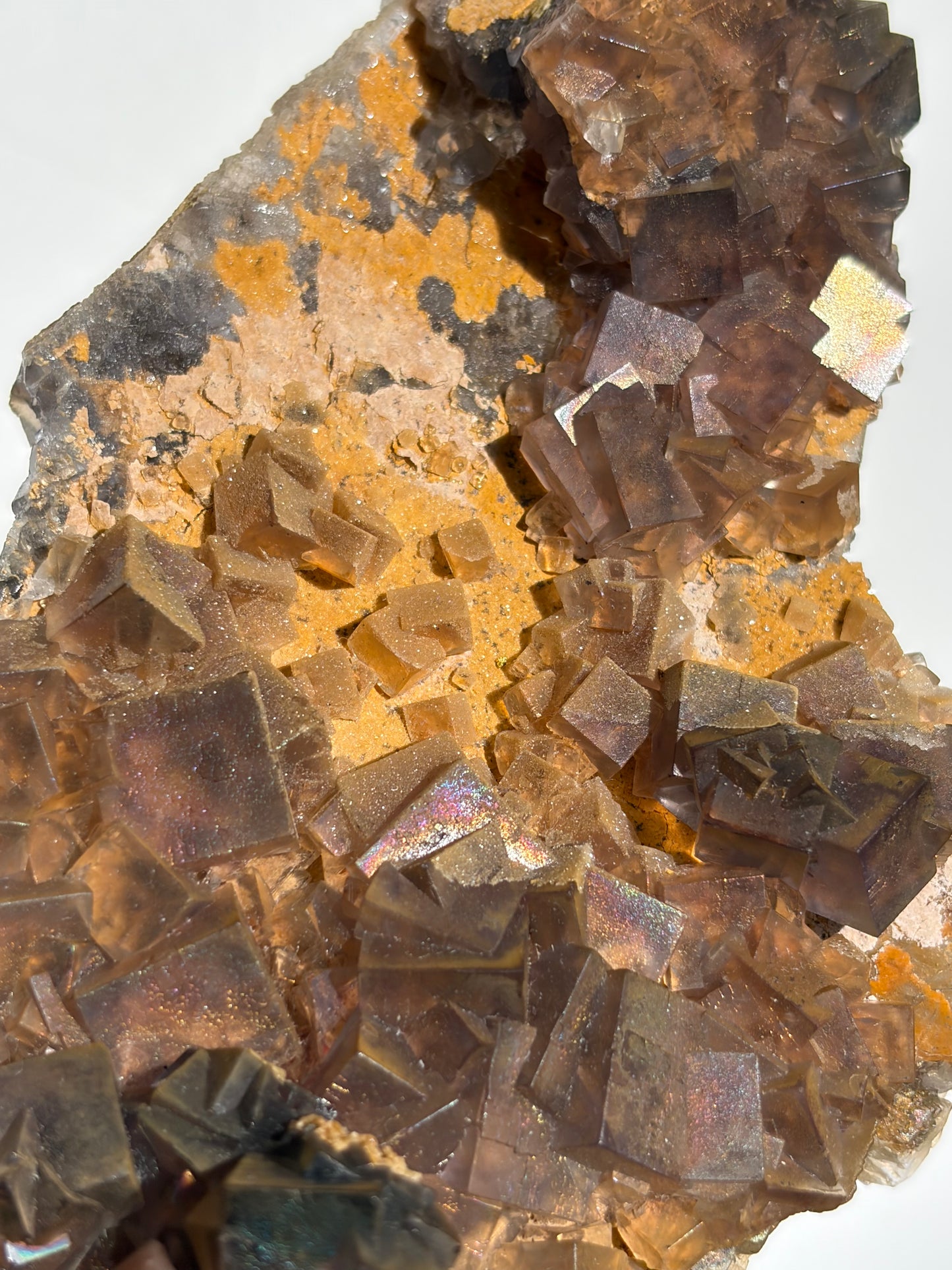 Druzy Coated Iridescent Fluorite Specimen with Calcite D