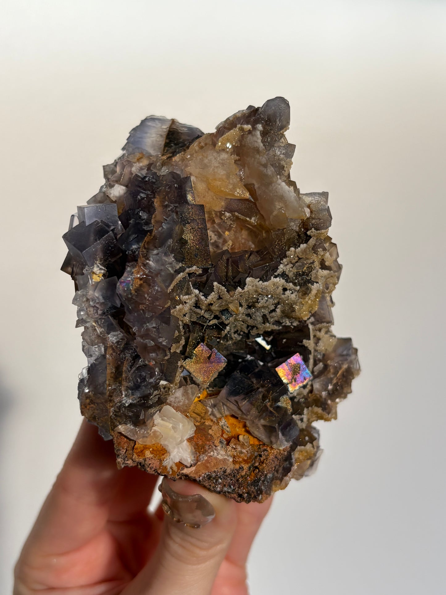 Iridescent Fluorite Specimen with Dog's Tooth Calcite and Winged Selenite A