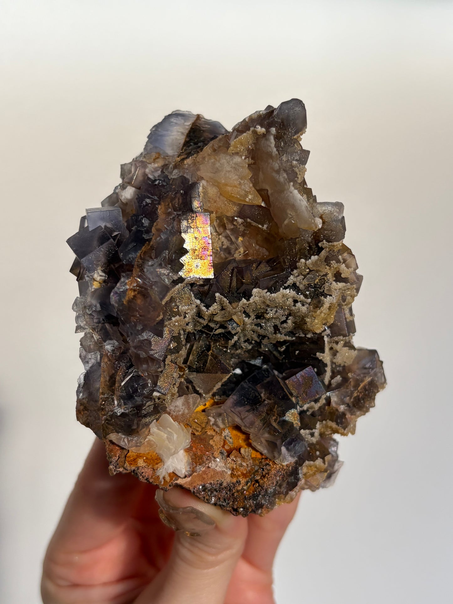Iridescent Fluorite Specimen with Dog's Tooth Calcite and Winged Selenite A