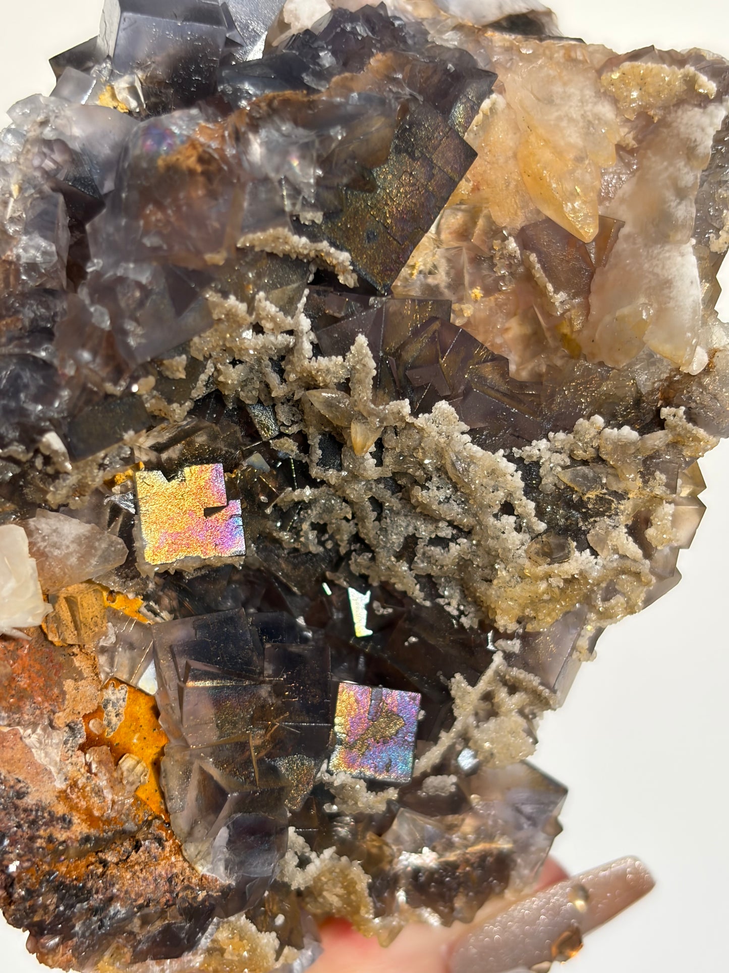 Iridescent Fluorite Specimen with Dog's Tooth Calcite and Winged Selenite A
