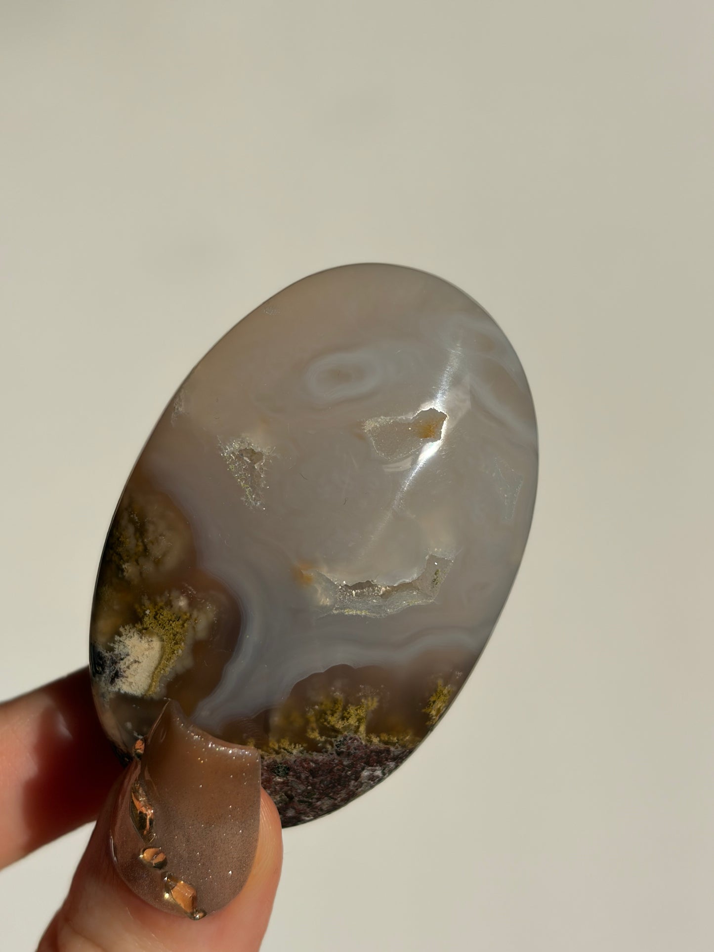 Jelly Orbicular Nebula Agate Palmstone with Green Moss Inclusions A