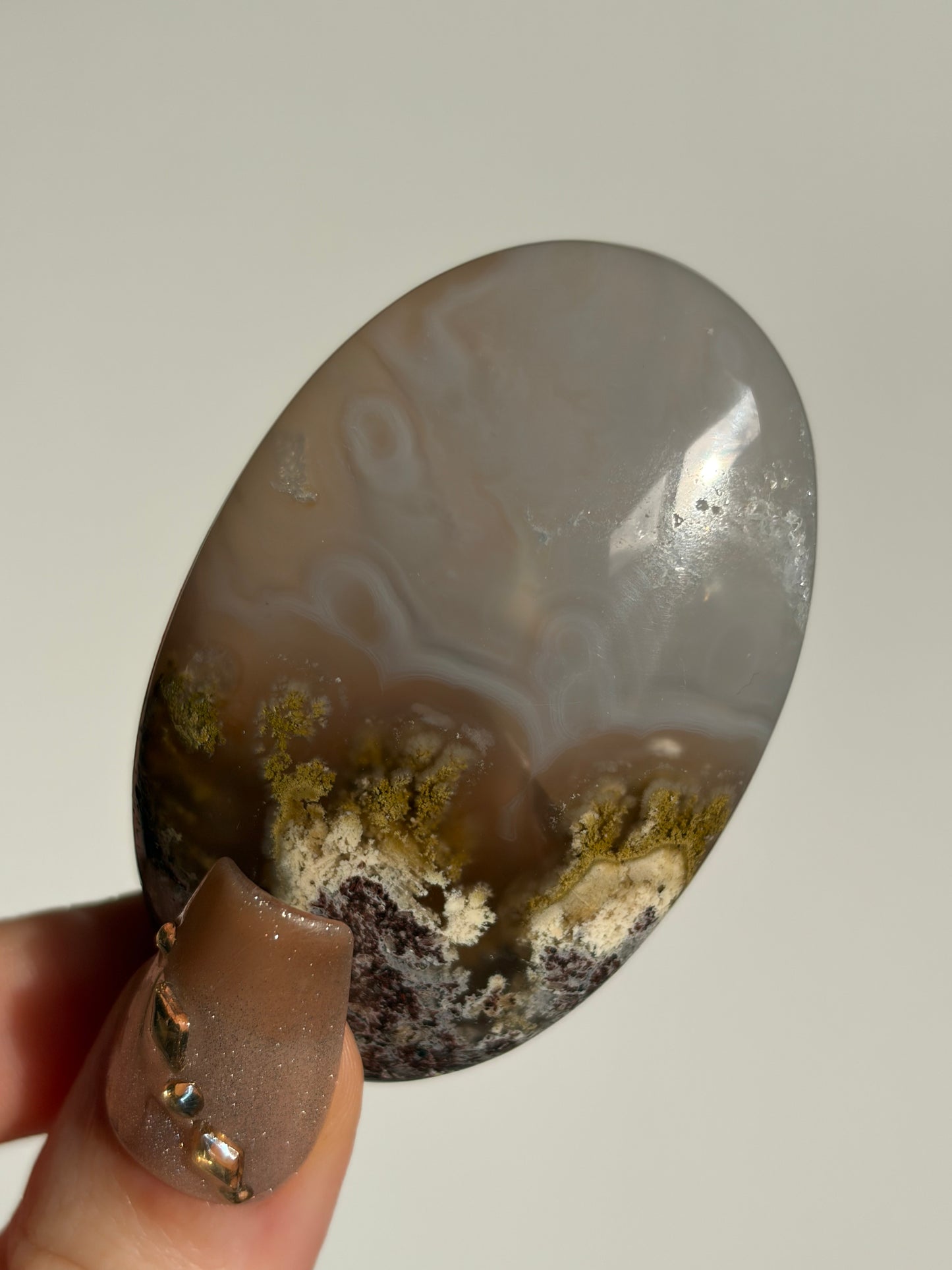 Jelly Orbicular Nebula Agate Palmstone with Green Moss Inclusions A