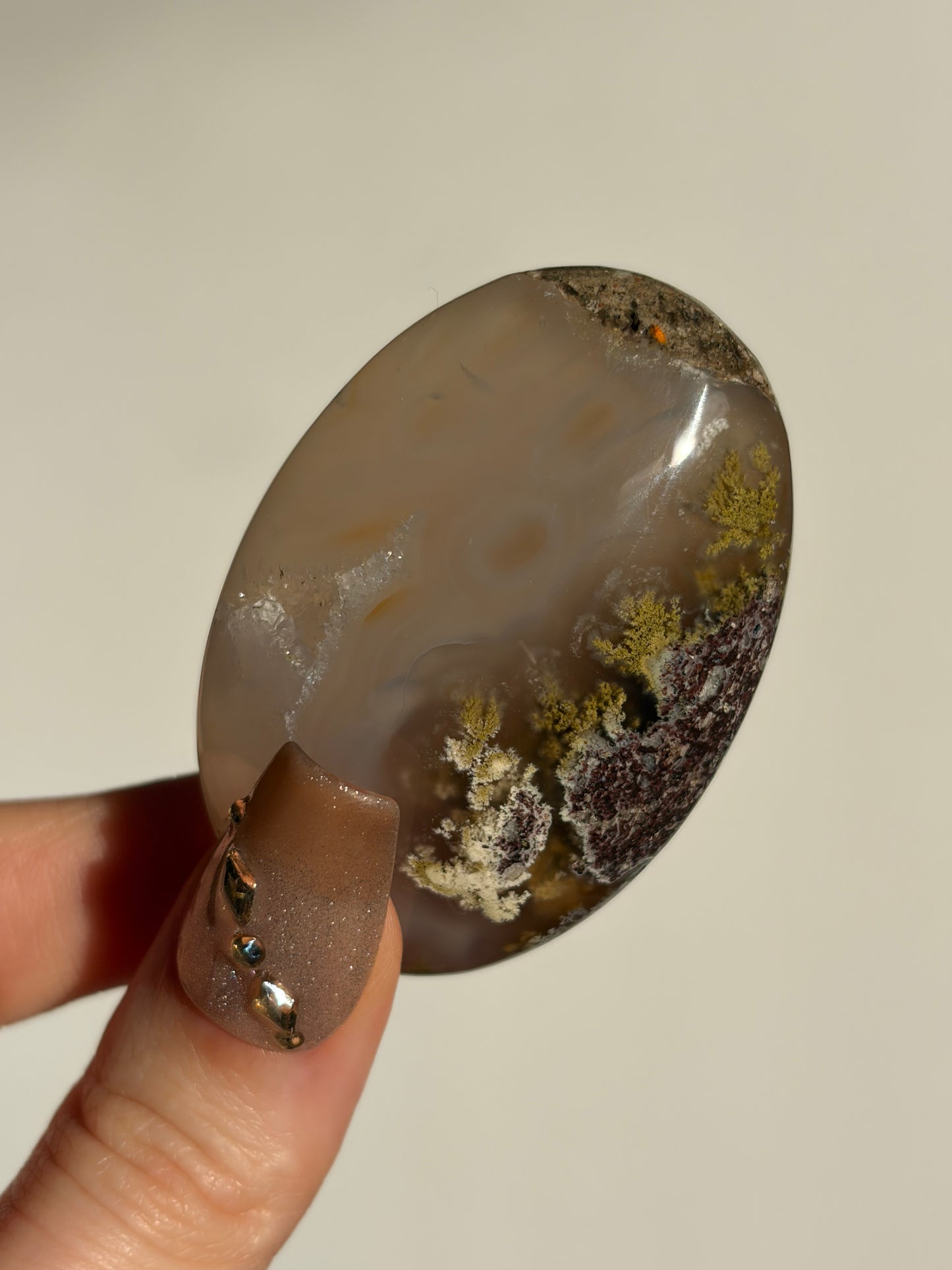 Jelly Orbicular Nebula Agate Palmstone with Green Moss Inclusions C