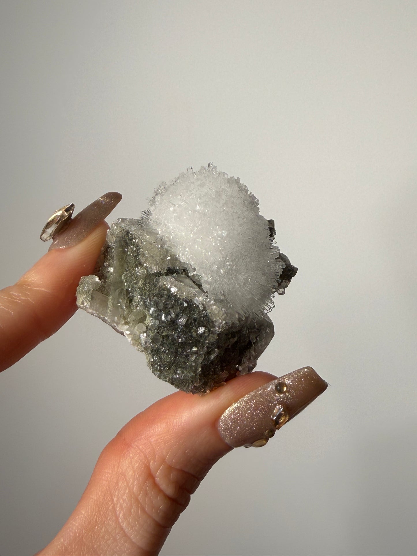 “Winter Bloom” Natrolite Specimen with Quartz and Apophyllite Coated Rhombohedral Calcite F