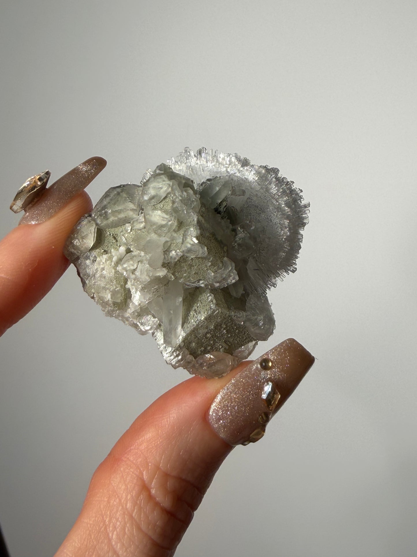 “Winter Bloom” Natrolite Specimen with Quartz and Apophyllite Coated Rhombohedral Calcite F