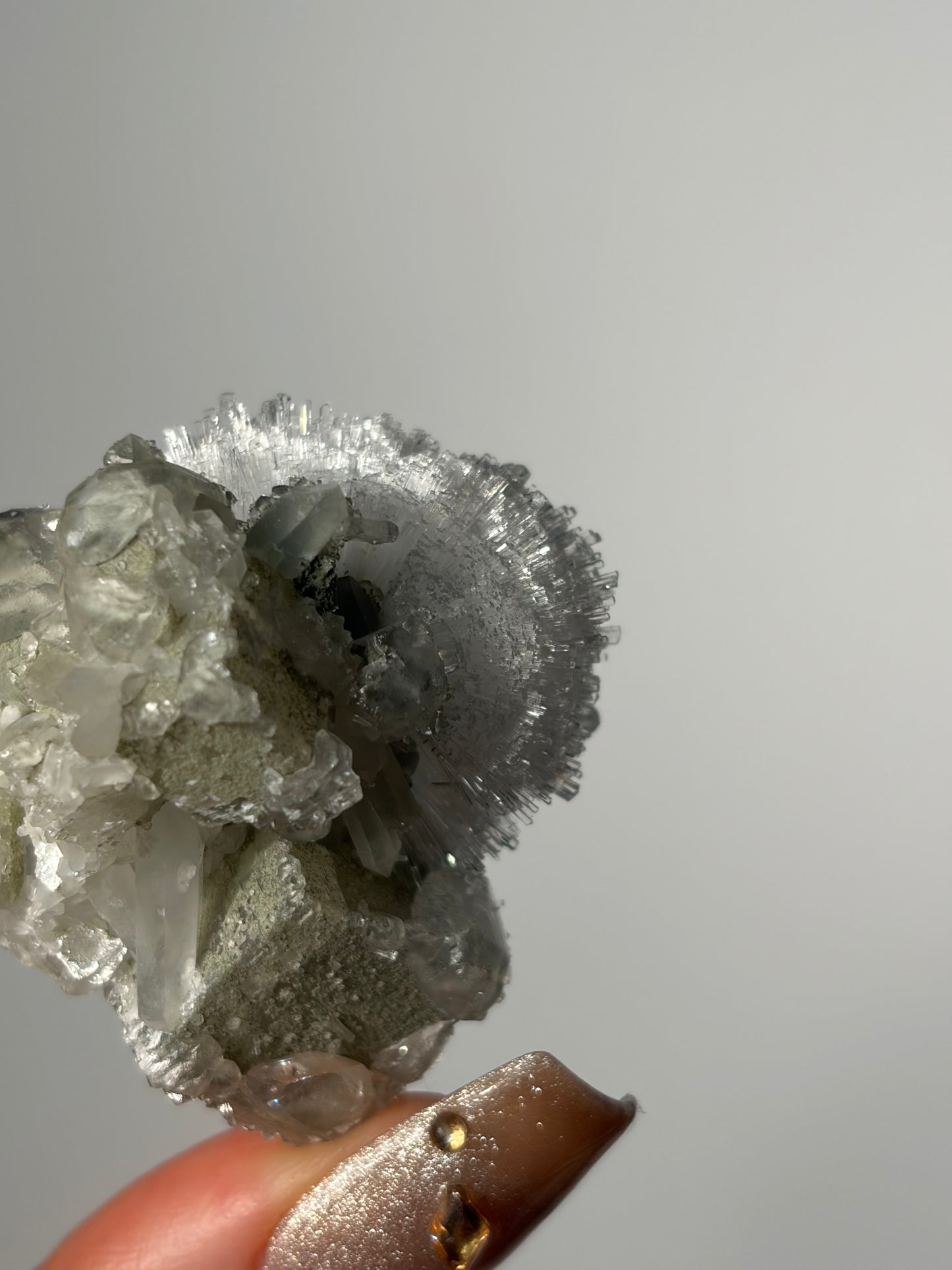 “Winter Bloom” Natrolite Specimen with Quartz and Apophyllite Coated Rhombohedral Calcite F