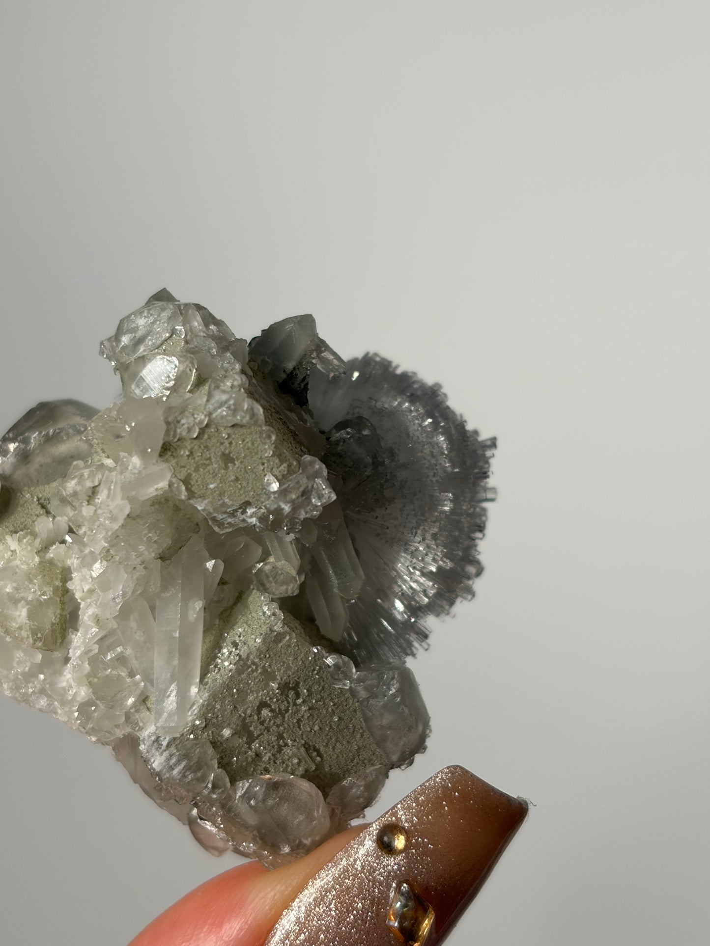 “Winter Bloom” Natrolite Specimen with Quartz and Apophyllite Coated Rhombohedral Calcite F