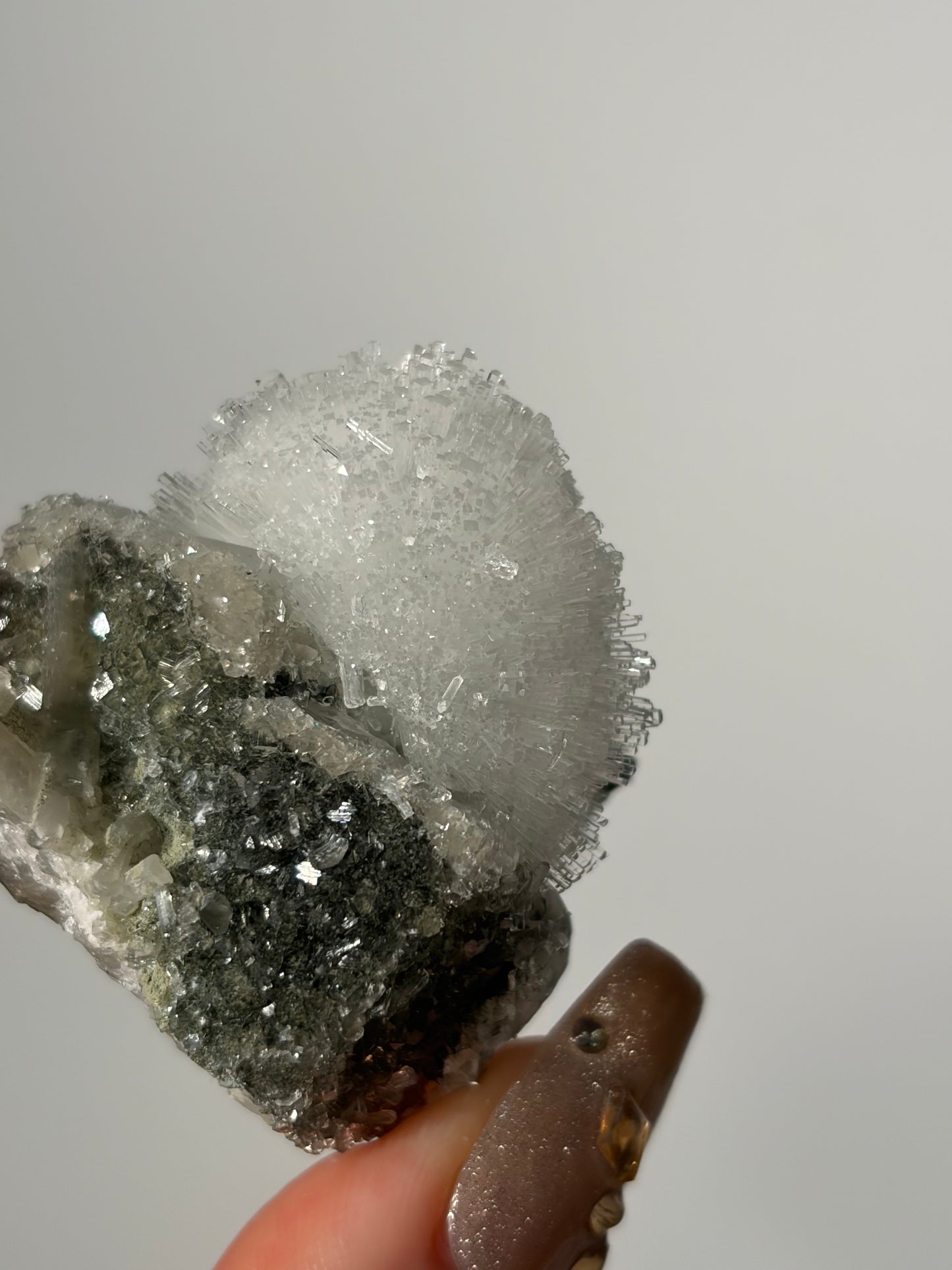 “Winter Bloom” Natrolite Specimen with Quartz and Apophyllite Coated Rhombohedral Calcite F